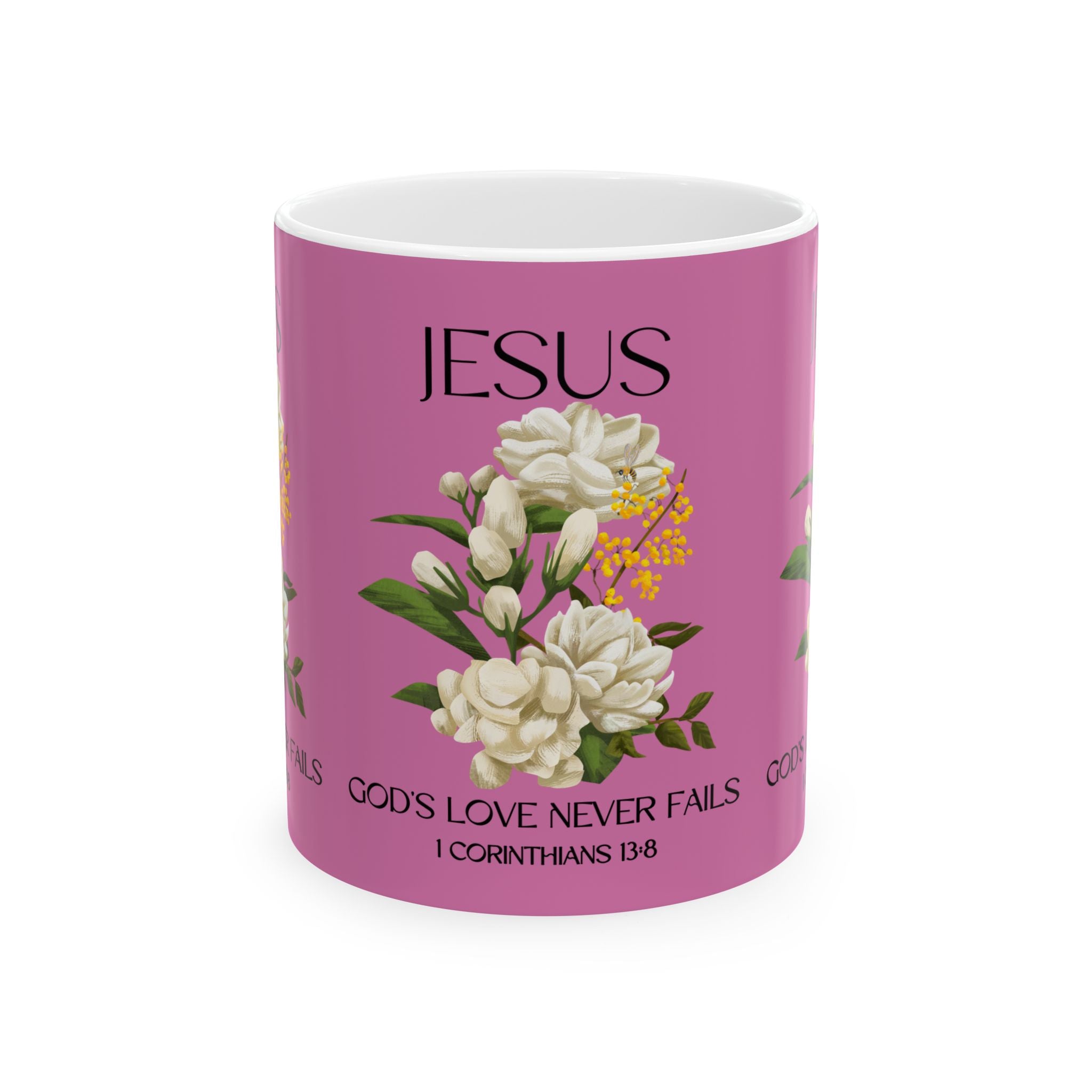 Jesus Inspirational Ceramic Mug 11 oz - God's Love Never Fails - Perfect for Every Occasion, Coffee Lovers Gift, Christian Encouragement, Floral