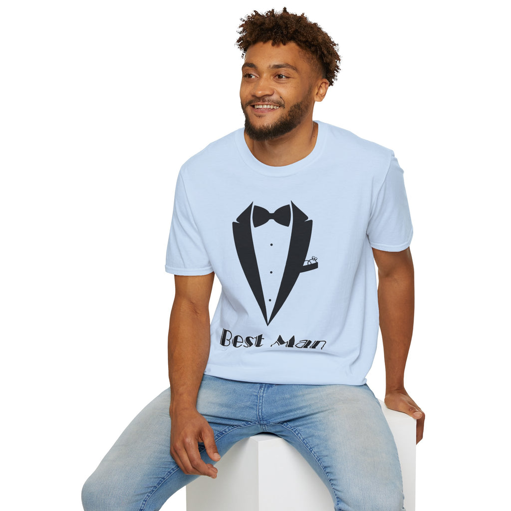 Best Man T-Shirt, Stylish Groom Attire, Wedding Gift for Him, Casual Event Shirt, Unisex Tuxedo Tee, Matching Groomsmen Apparel