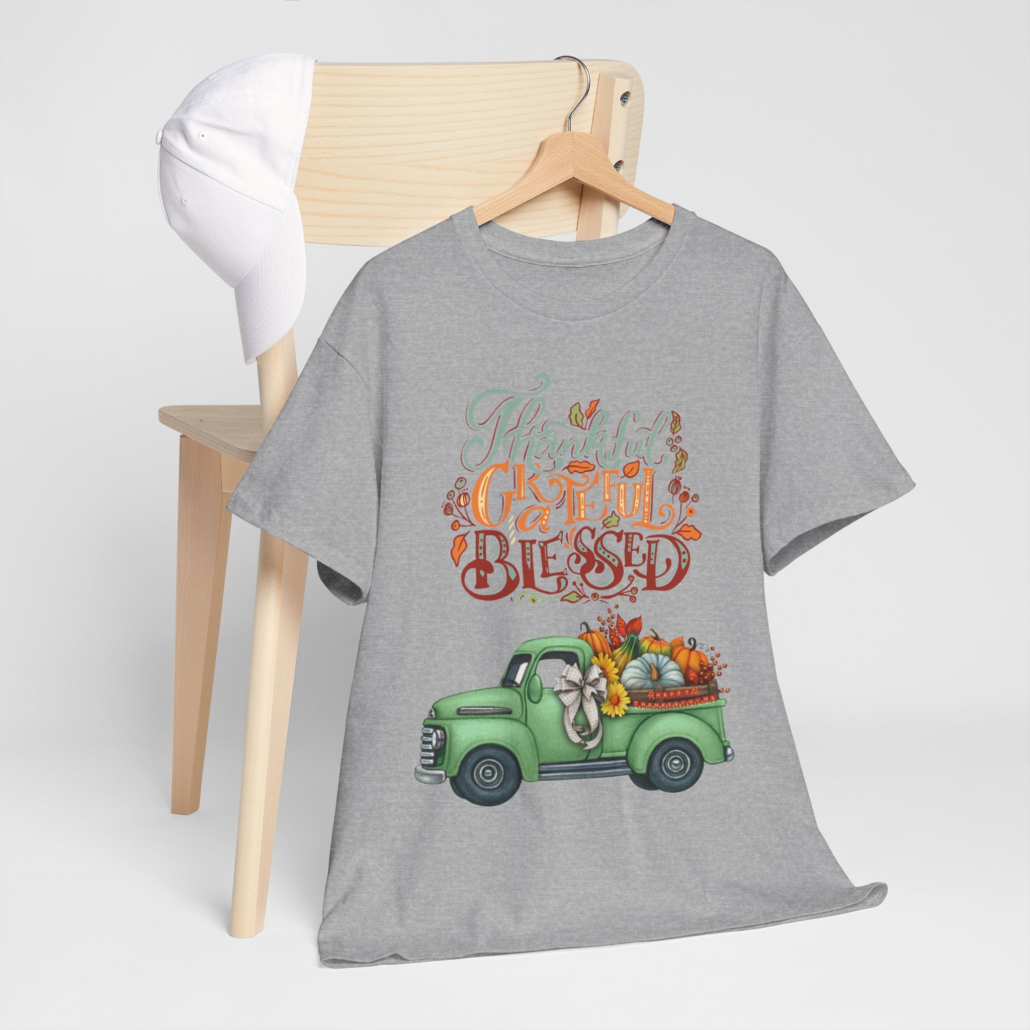 Thankful Grateful Blessed Tee, Unisex Heavy Cotton T-Shirt, Fall Apparel, Thanksgiving Shirt, Casual Wear, Gift for Friends