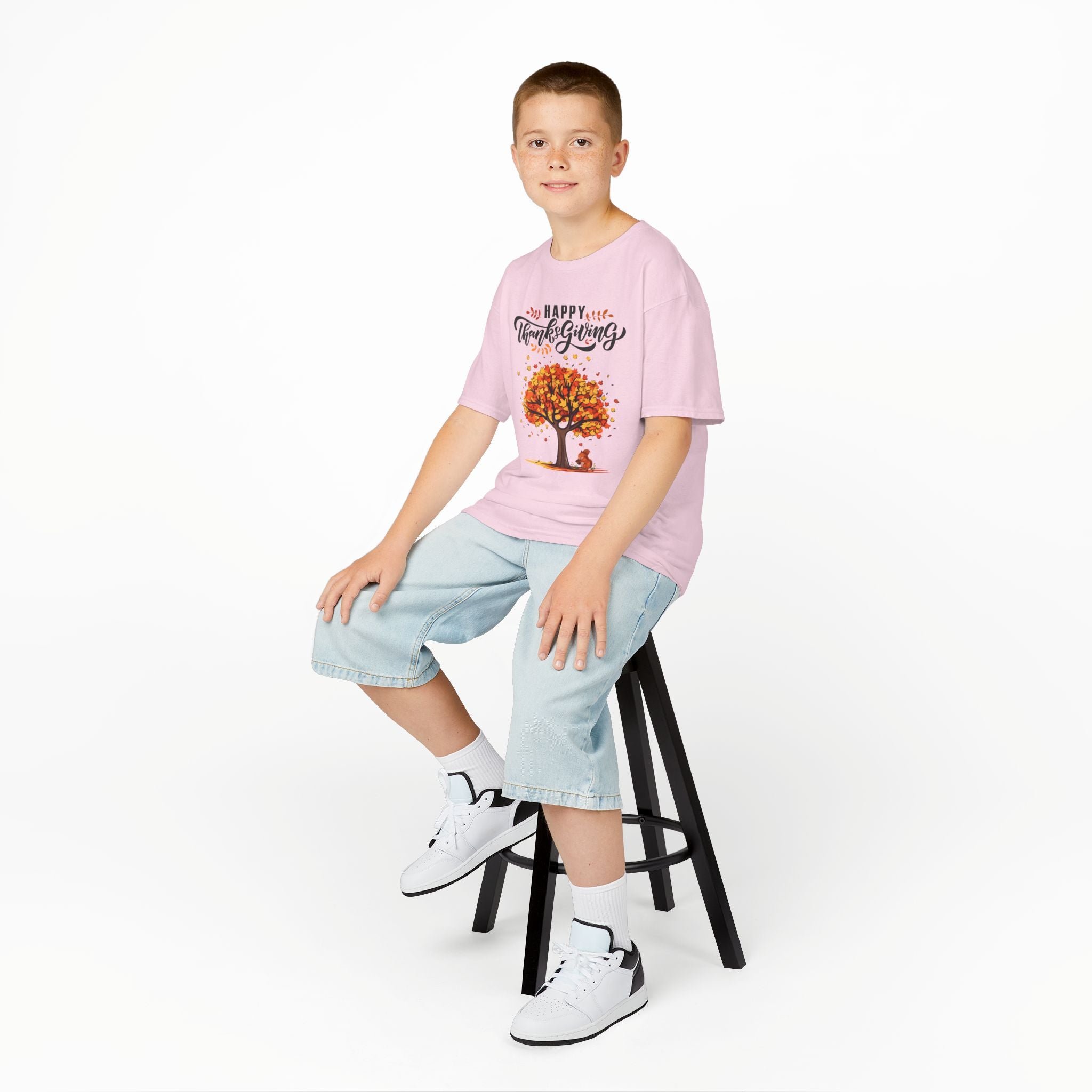 Happy Thanksgiving Kids Tee, Fall T-Shirt, Autumn Apparel, Festive Gift, Holiday Outfit, Tree and Leaves Design