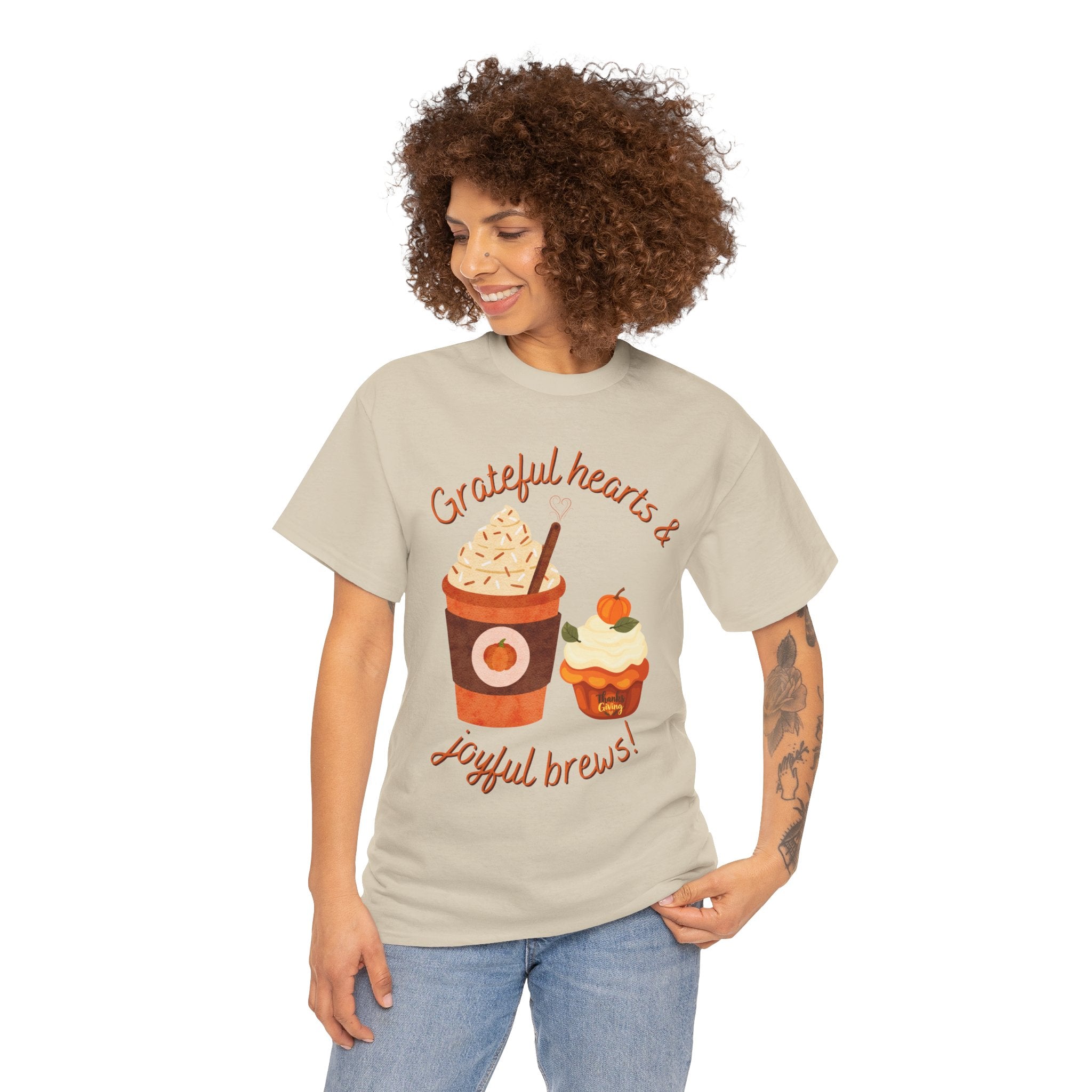 Happy Thanksgiving- Grateful Hearts & Joyful Brews Tee, Unisex Cotton Shirt, Coffee Lovers Gift, Casual Wear, Cute Tee for Celebrations, Fall Fashion