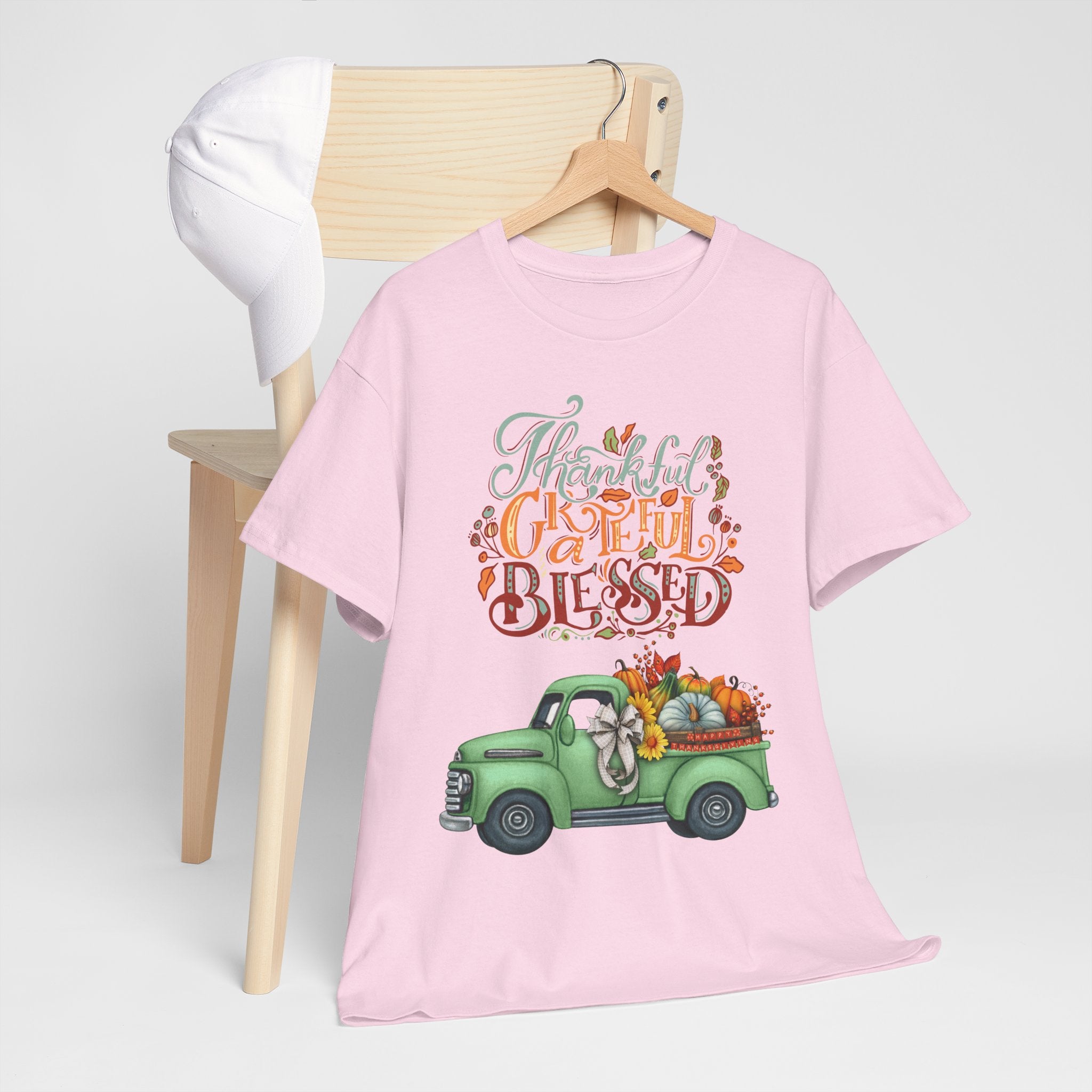 Thankful Grateful Blessed Tee, Unisex Heavy Cotton T-Shirt, Fall Apparel, Thanksgiving Shirt, Casual Wear, Gift for Friends