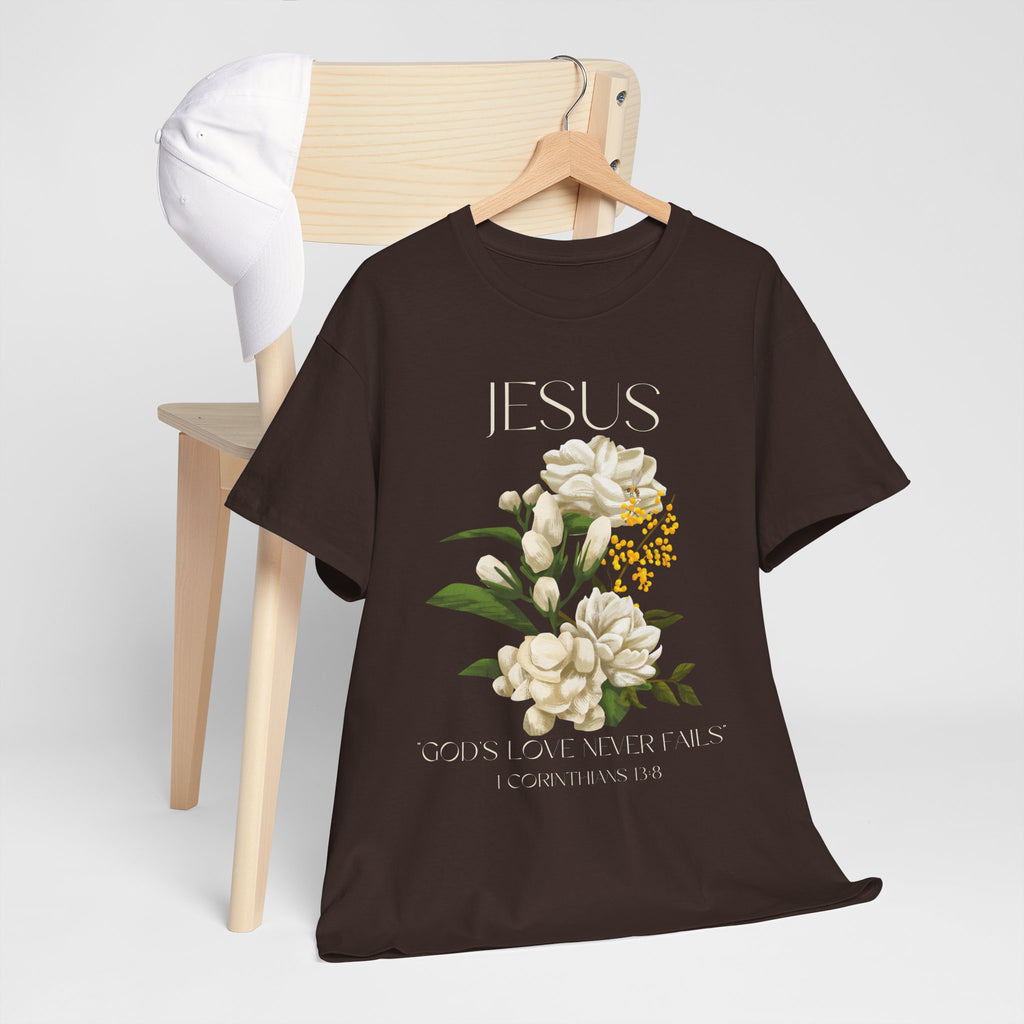 Floral Jesus-God's love never fails- Graphic Tee | Unisex Cotton T-Shirt for Faith & Inspiration, Ideal for Gifts, Casual Wear, Church Events, and Celebrations
