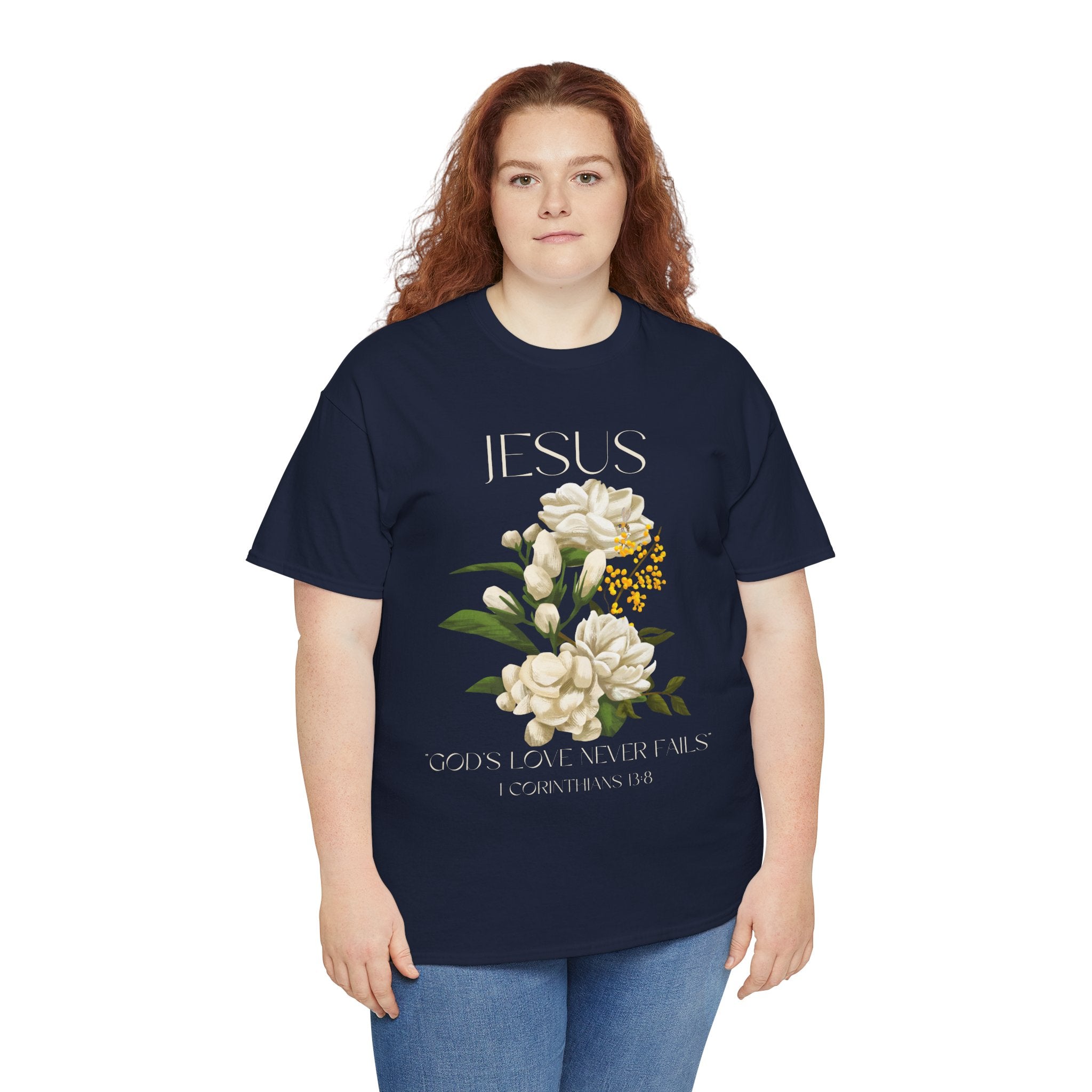 Floral Jesus-God's love never fails- Graphic Tee | Unisex Cotton T-Shirt for Faith & Inspiration, Ideal for Gifts, Casual Wear, Church Events, and Celebrations