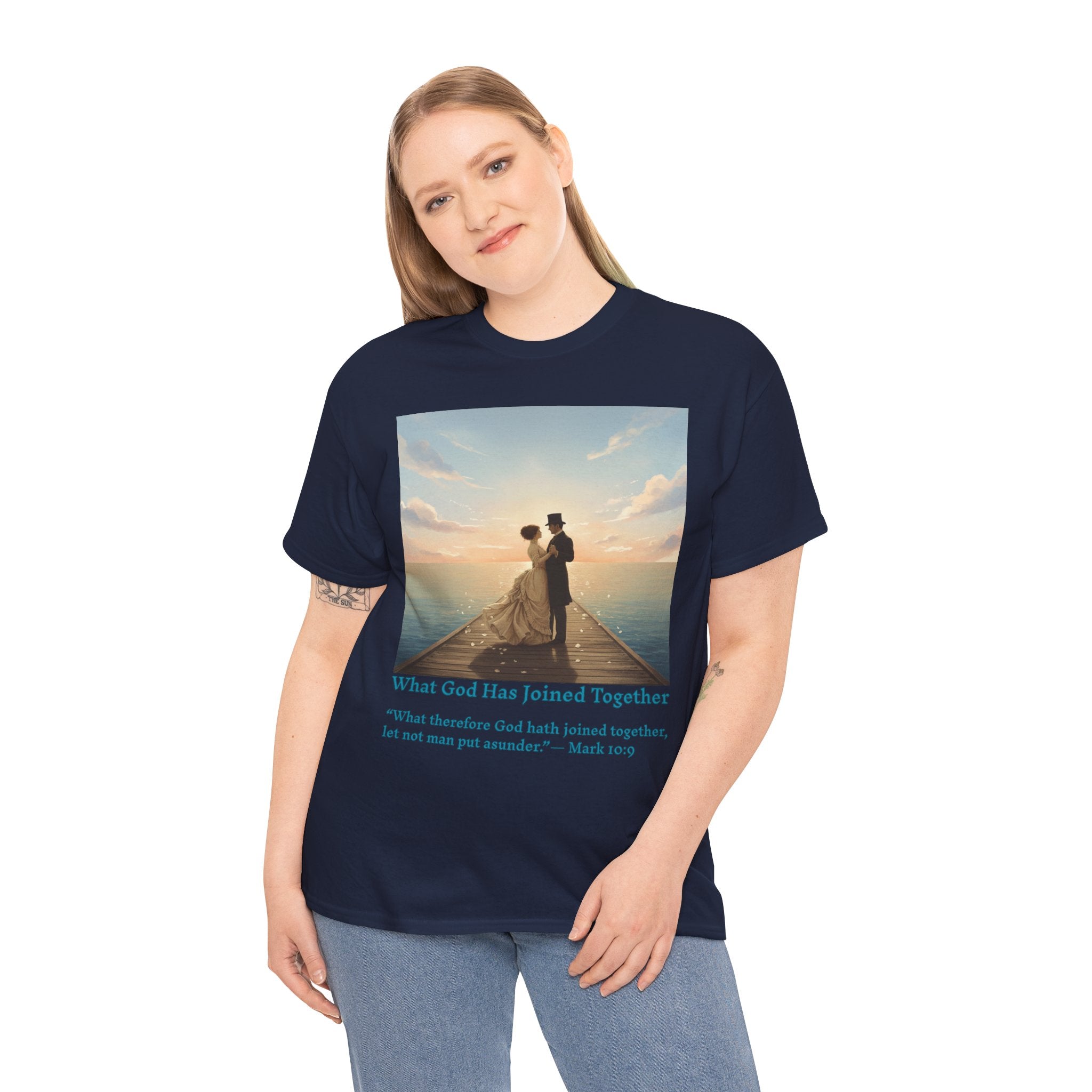 Romantic couple on a pier at sunset — inspired by Jack Vettriano-Wedding Quote T-Shirt, Unisex Heavy Cotton Tee, Casual Wear, Gift for Newlyweds, Bride & Groom Apparel, Anniversary Gift