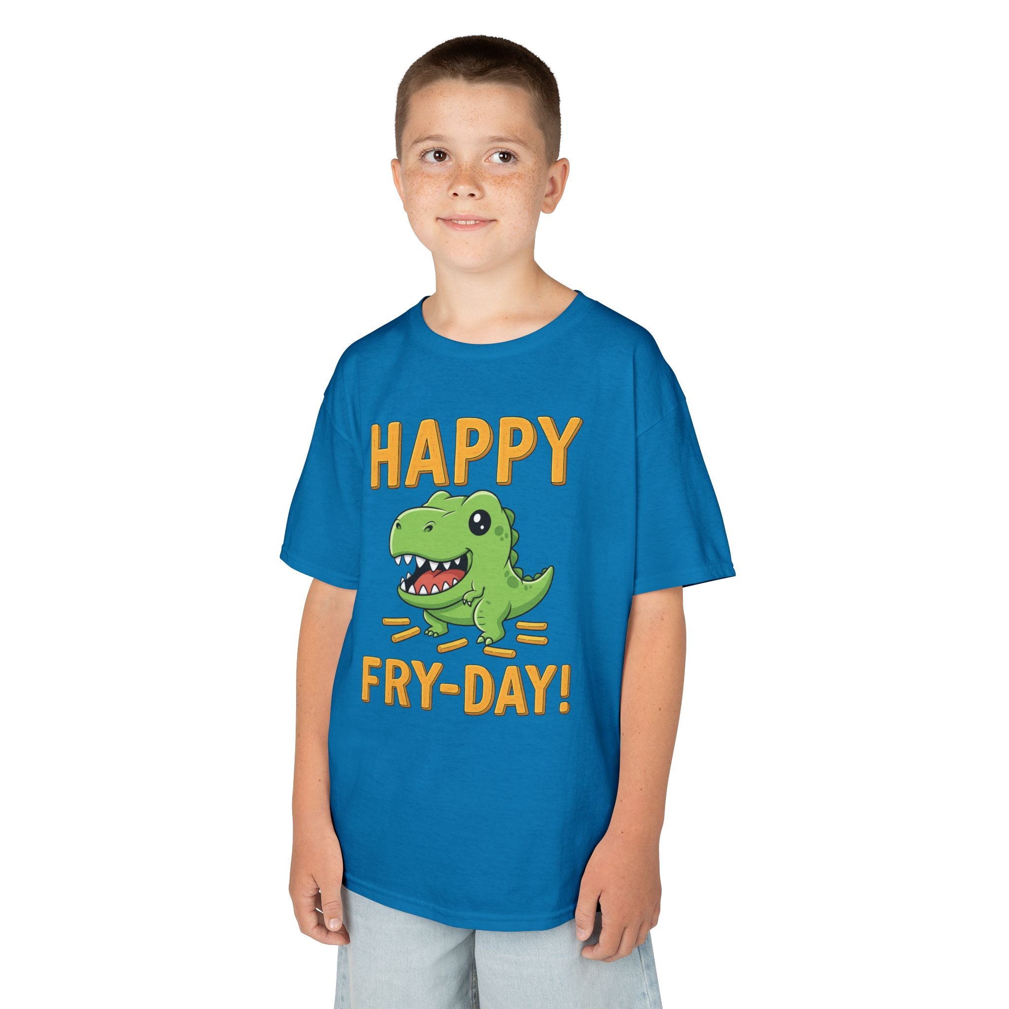 Happy Fry-Day Kids Tee, Fun Dinosaur T-Shirt, Kids Cotton Shirt, Birthday Gift, Everyday Wear, Summer Fun, Playful Tee