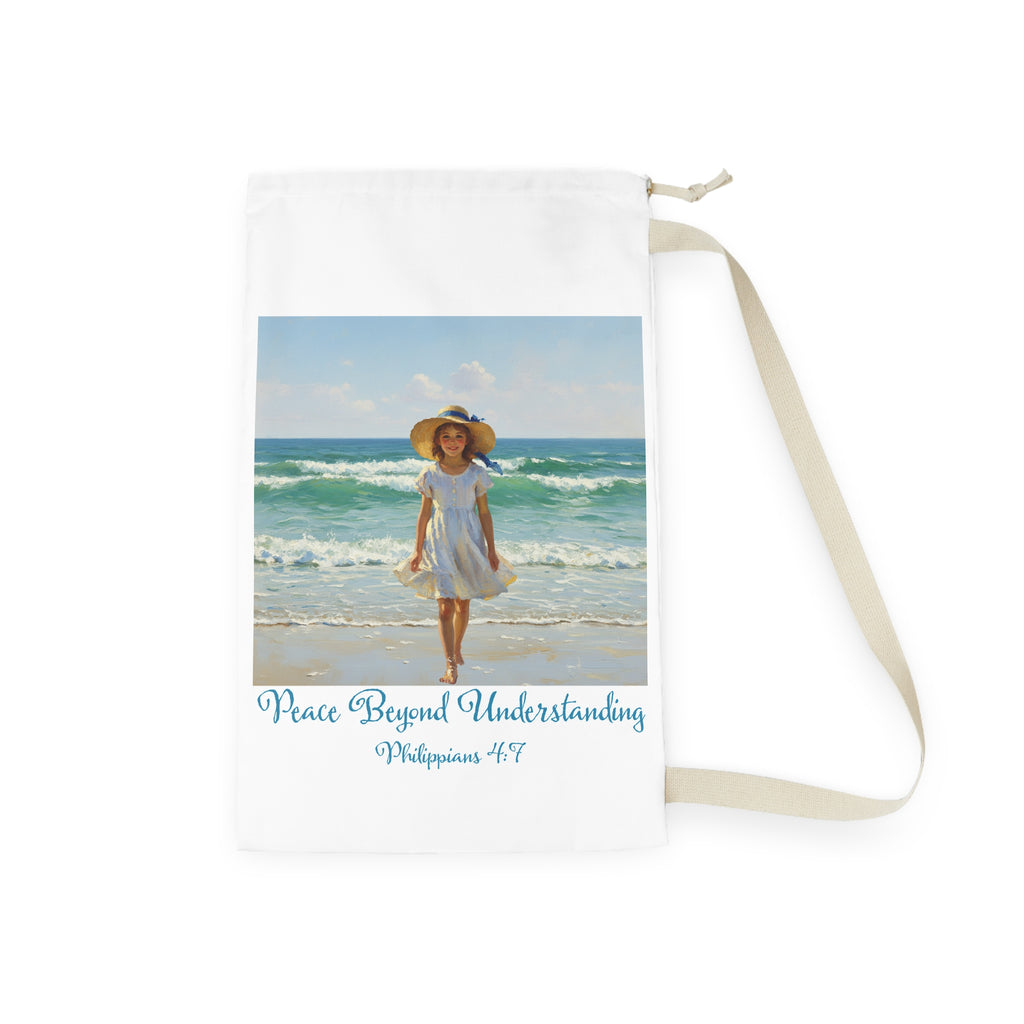 Christians-Philippians 4:7-Peaceful Bible Verse Laundry Bag, Inspirational Storage Bag, Gift for Faith Lovers, Beach Style Accessory, Modern Home OrganizationWith sunlit, painterly details reminiscent of impressionist art, channels tranquil beach vibes