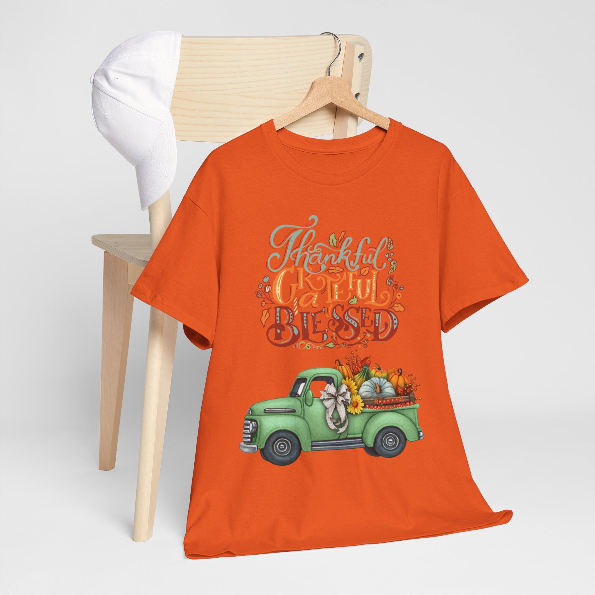Thankful Grateful Blessed Tee, Unisex Heavy Cotton T-Shirt, Fall Apparel, Thanksgiving Shirt, Casual Wear, Gift for Friends