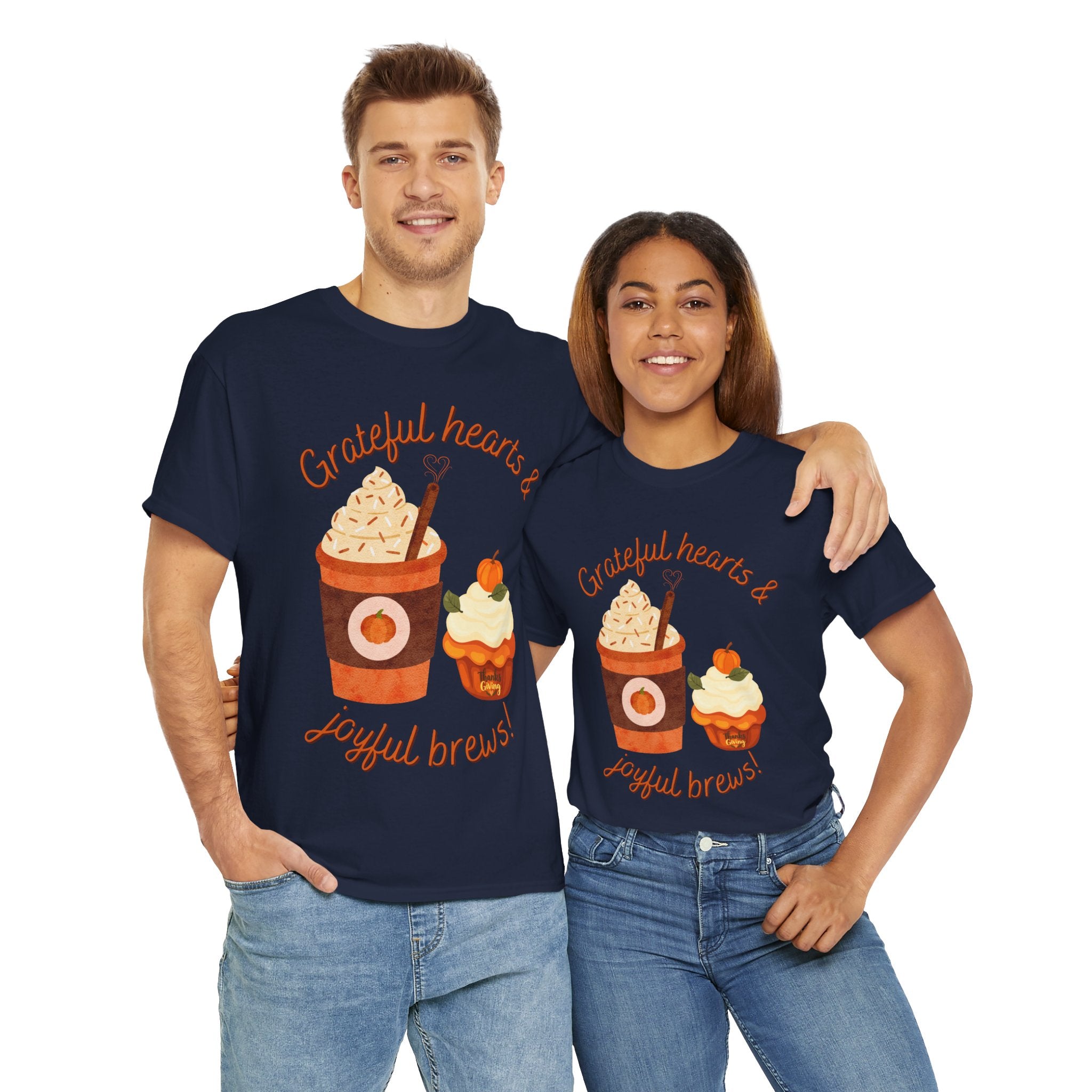 Happy Thanksgiving- Grateful Hearts & Joyful Brews Tee, Unisex Cotton Shirt, Coffee Lovers Gift, Casual Wear, Cute Tee for Celebrations, Fall Fashion