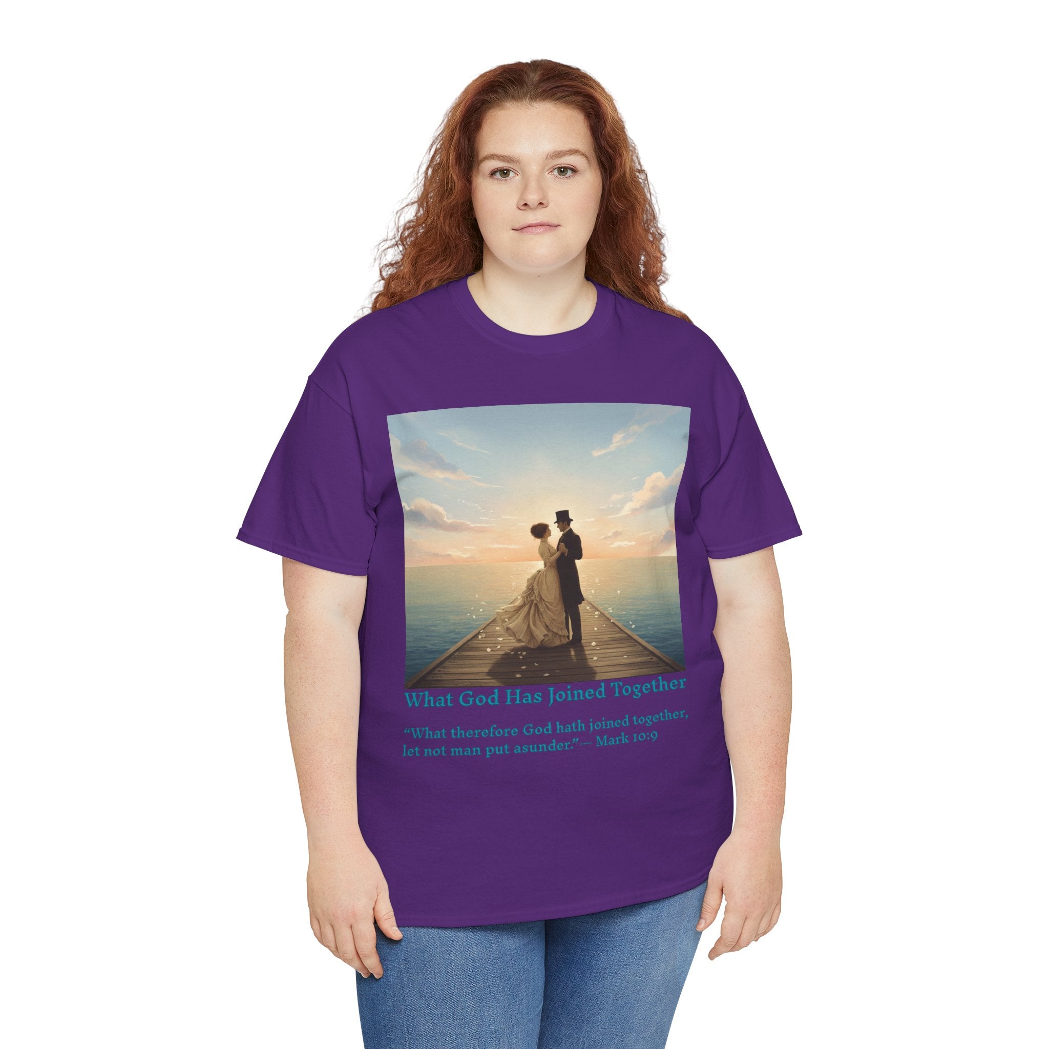 Romantic couple on a pier at sunset — inspired by Jack Vettriano-Wedding Quote T-Shirt, Unisex Heavy Cotton Tee, Casual Wear, Gift for Newlyweds, Bride & Groom Apparel, Anniversary Gift