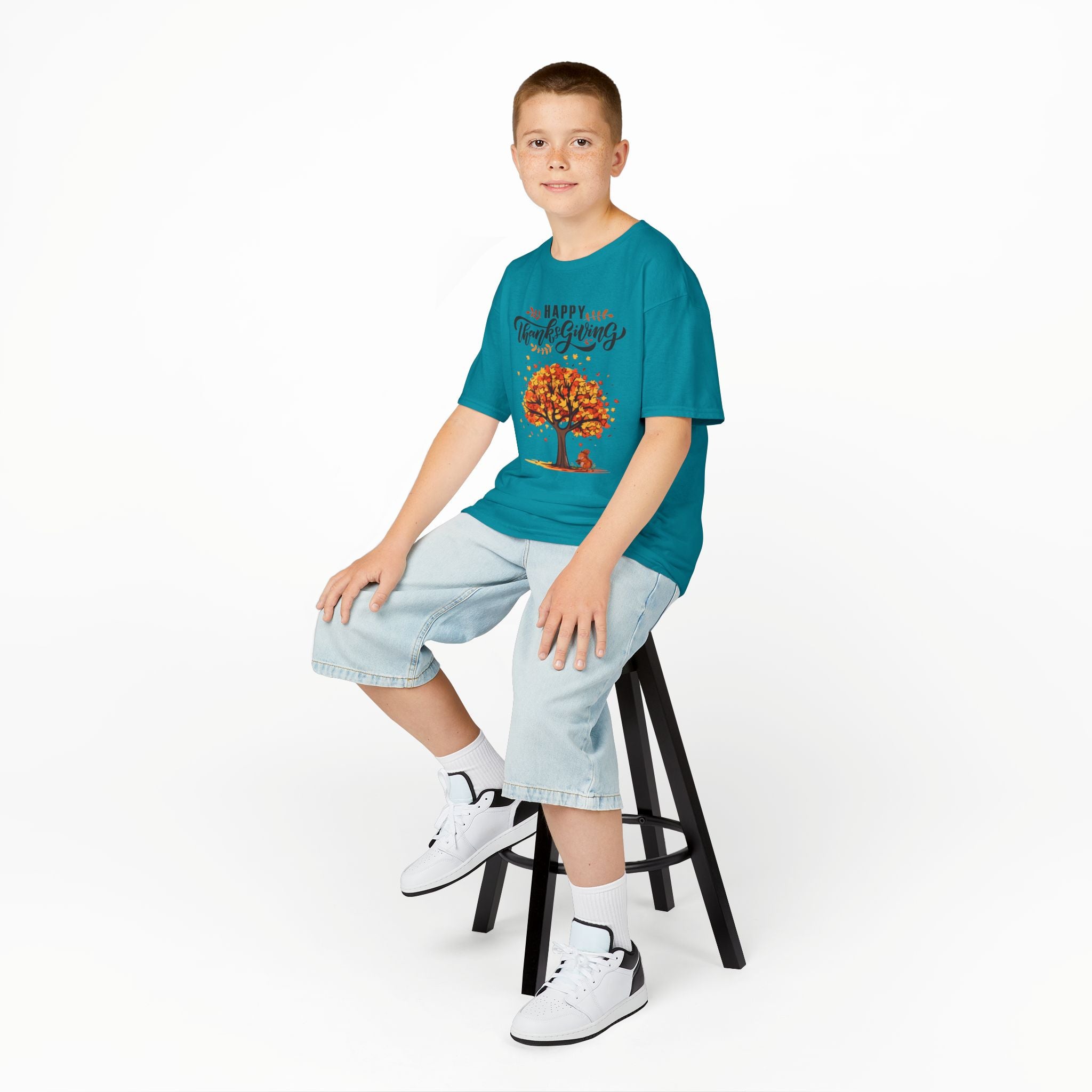 Happy Thanksgiving Kids Tee, Fall T-Shirt, Autumn Apparel, Festive Gift, Holiday Outfit, Tree and Leaves Design