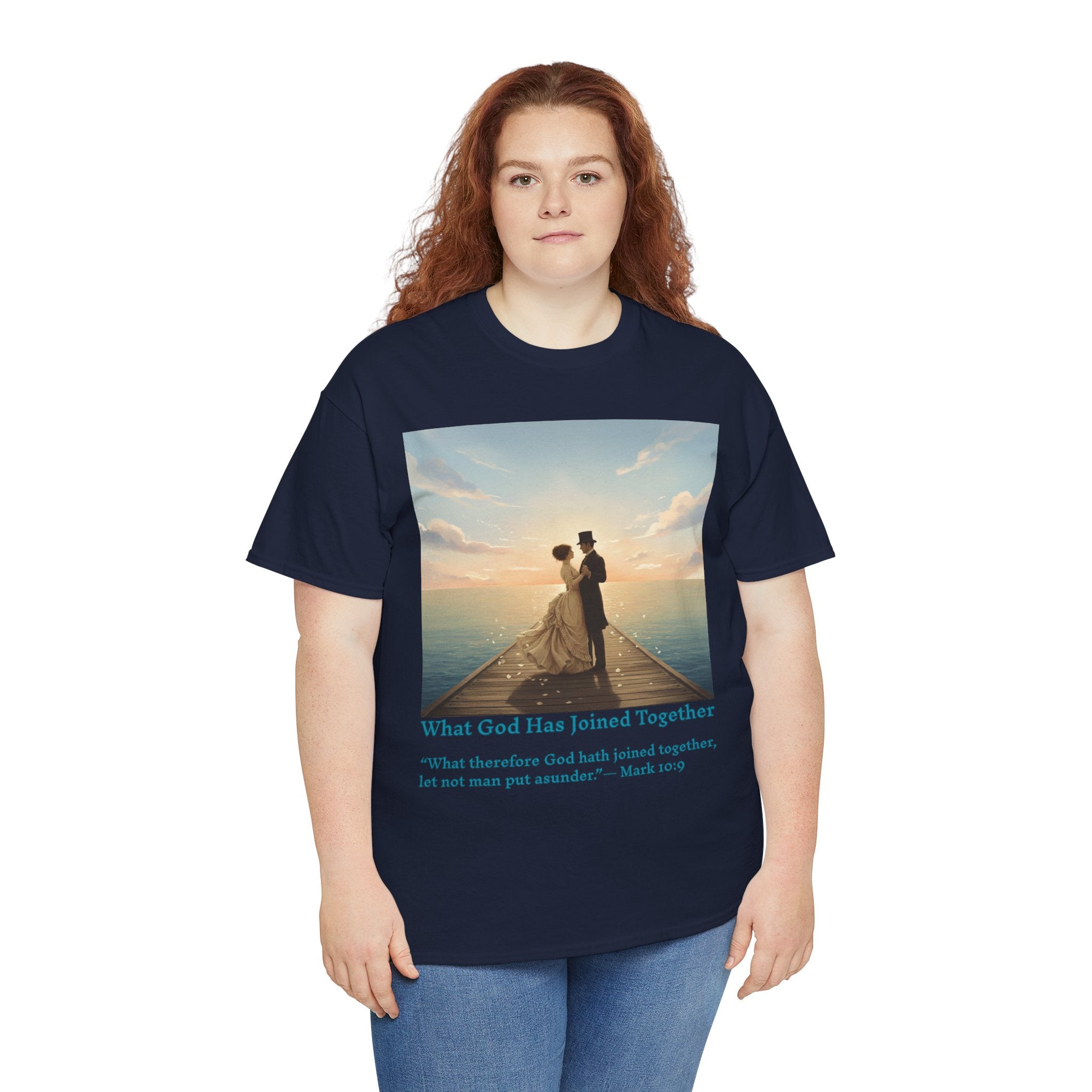 Romantic couple on a pier at sunset — inspired by Jack Vettriano-Wedding Quote T-Shirt, Unisex Heavy Cotton Tee, Casual Wear, Gift for Newlyweds, Bride & Groom Apparel, Anniversary Gift