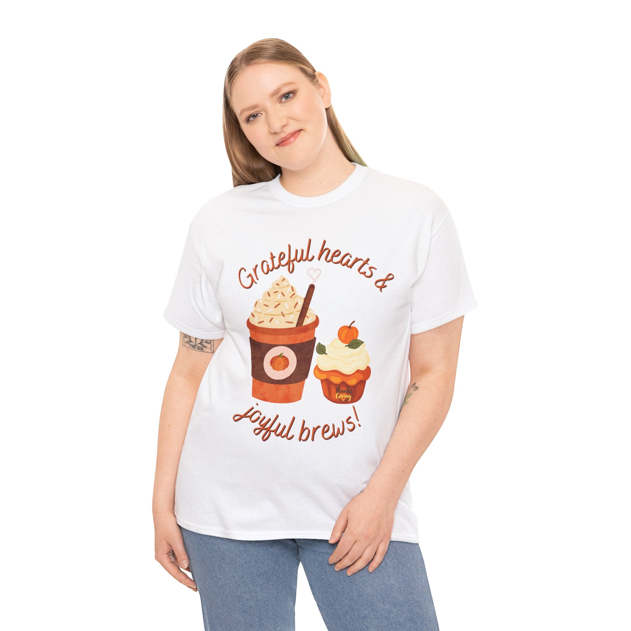 Happy Thanksgiving- Grateful Hearts & Joyful Brews Tee, Unisex Cotton Shirt, Coffee Lovers Gift, Casual Wear, Cute Tee for Celebrations, Fall Fashion