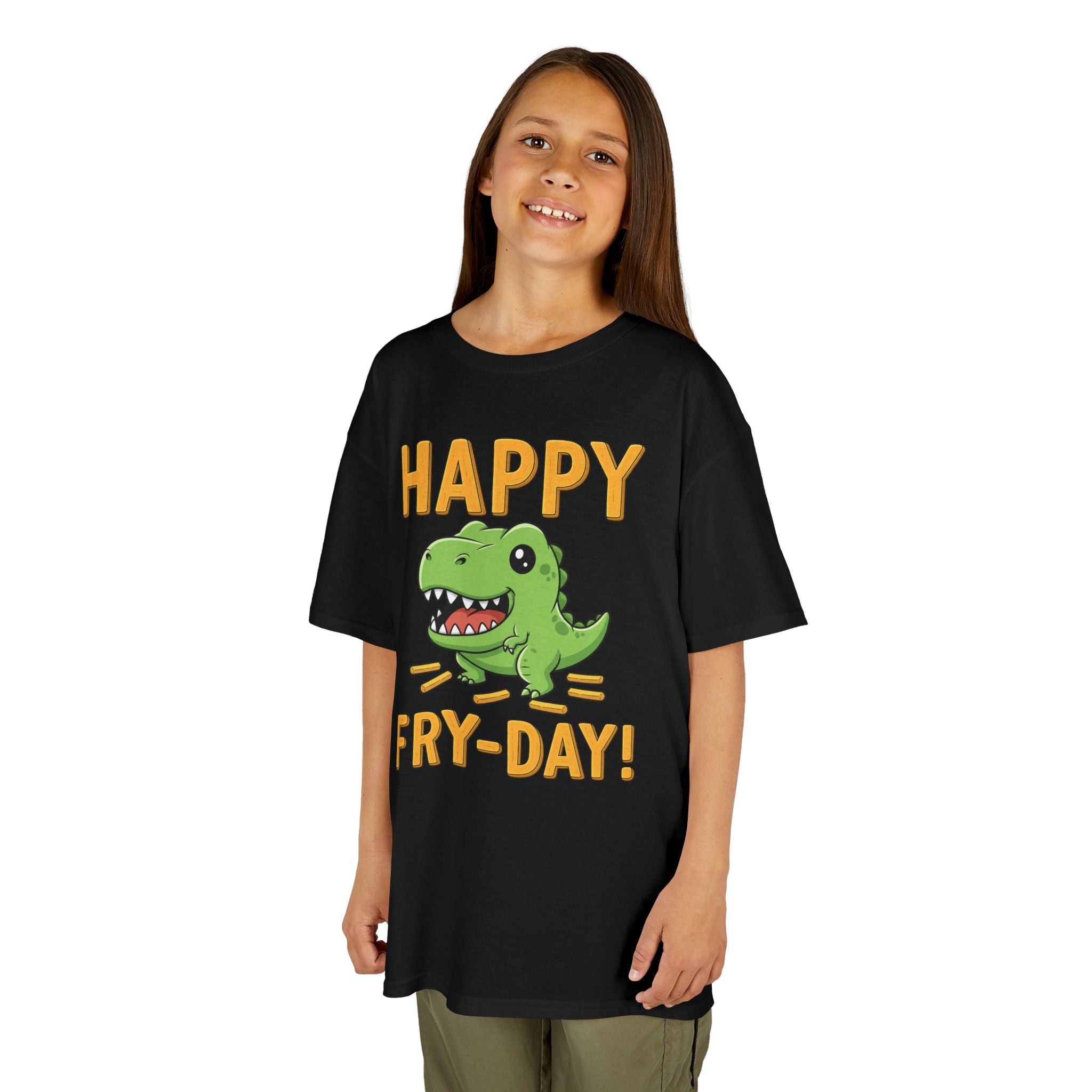 Happy Fry-Day Kids Tee, Fun Dinosaur T-Shirt, Kids Cotton Shirt, Birthday Gift, Everyday Wear, Summer Fun, Playful Tee