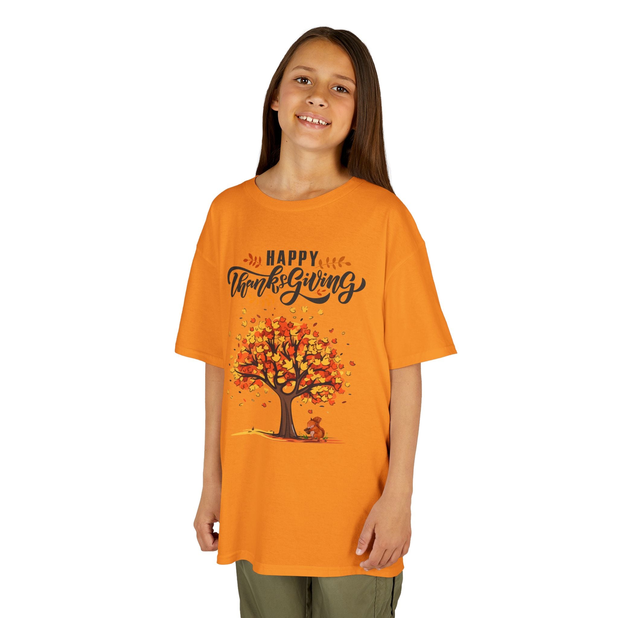 Happy Thanksgiving Kids Tee, Fall T-Shirt, Autumn Apparel, Festive Gift, Holiday Outfit, Tree and Leaves Design