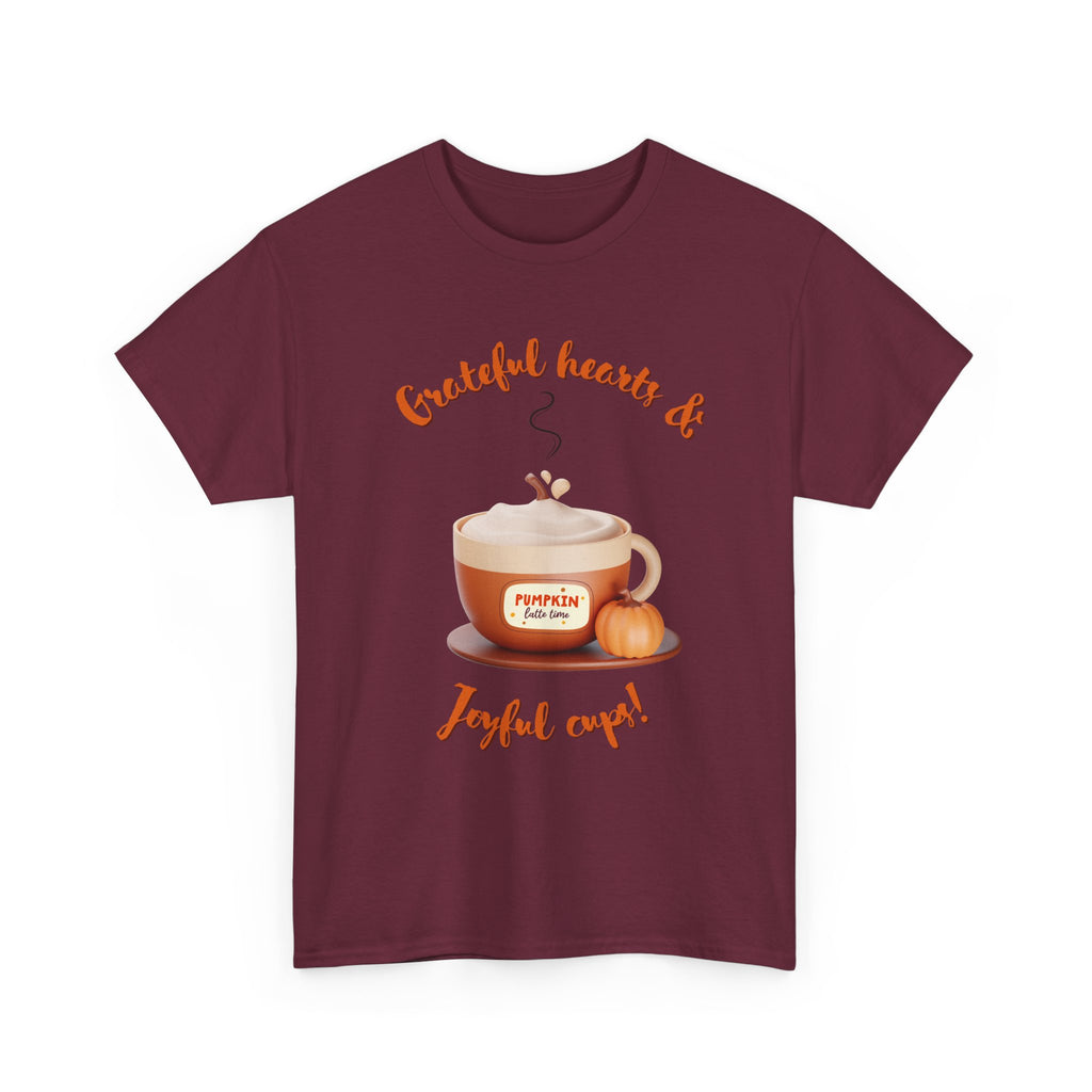 Happy Thanksgiving- Grateful Hearts & Joyful Cups Unisex Tee, Cozy Fall T-Shirt, Thanksgiving Gift, Coffee Lover Apparel, Autumn Fashion