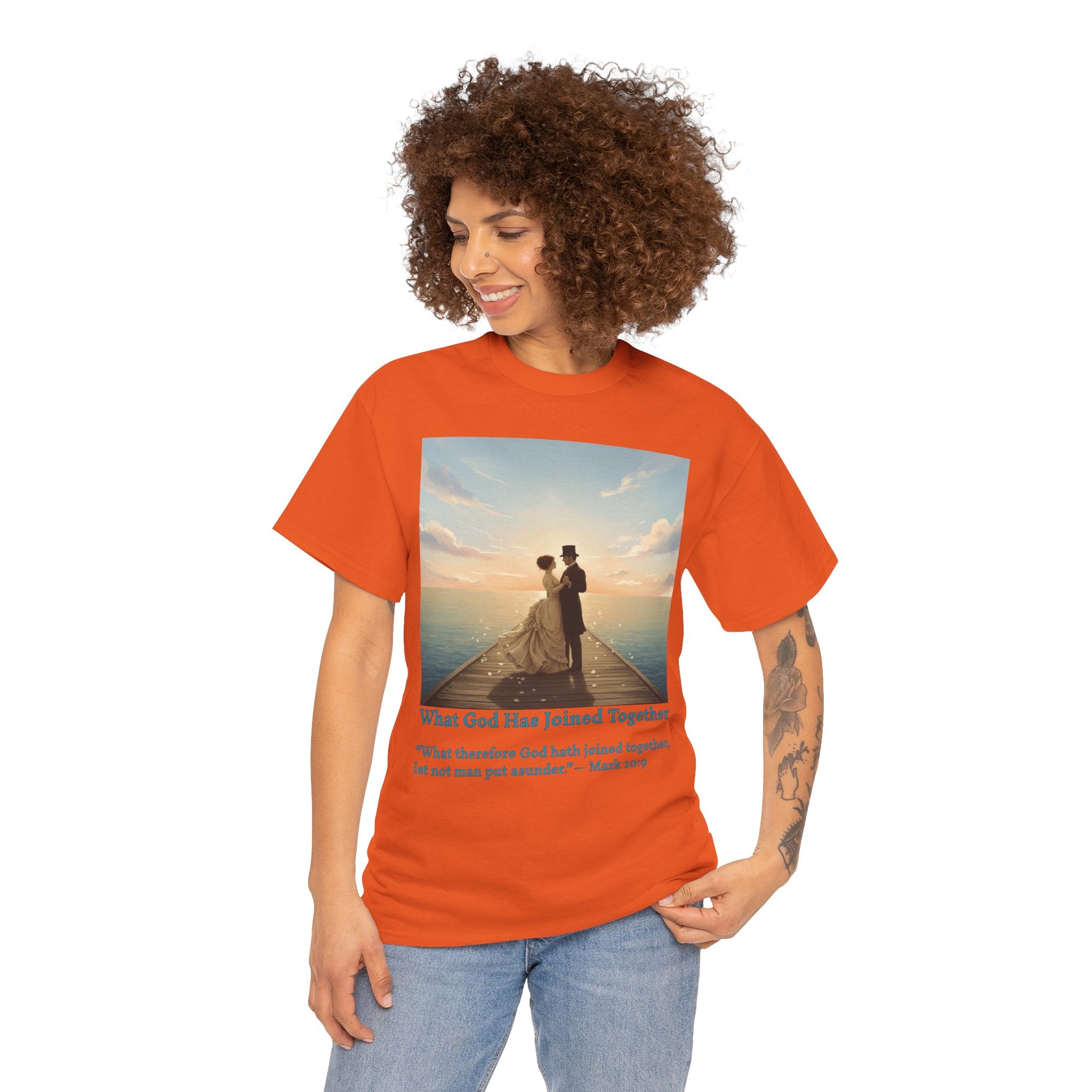 Romantic couple on a pier at sunset — inspired by Jack Vettriano-Wedding Quote T-Shirt, Unisex Heavy Cotton Tee, Casual Wear, Gift for Newlyweds, Bride & Groom Apparel, Anniversary Gift