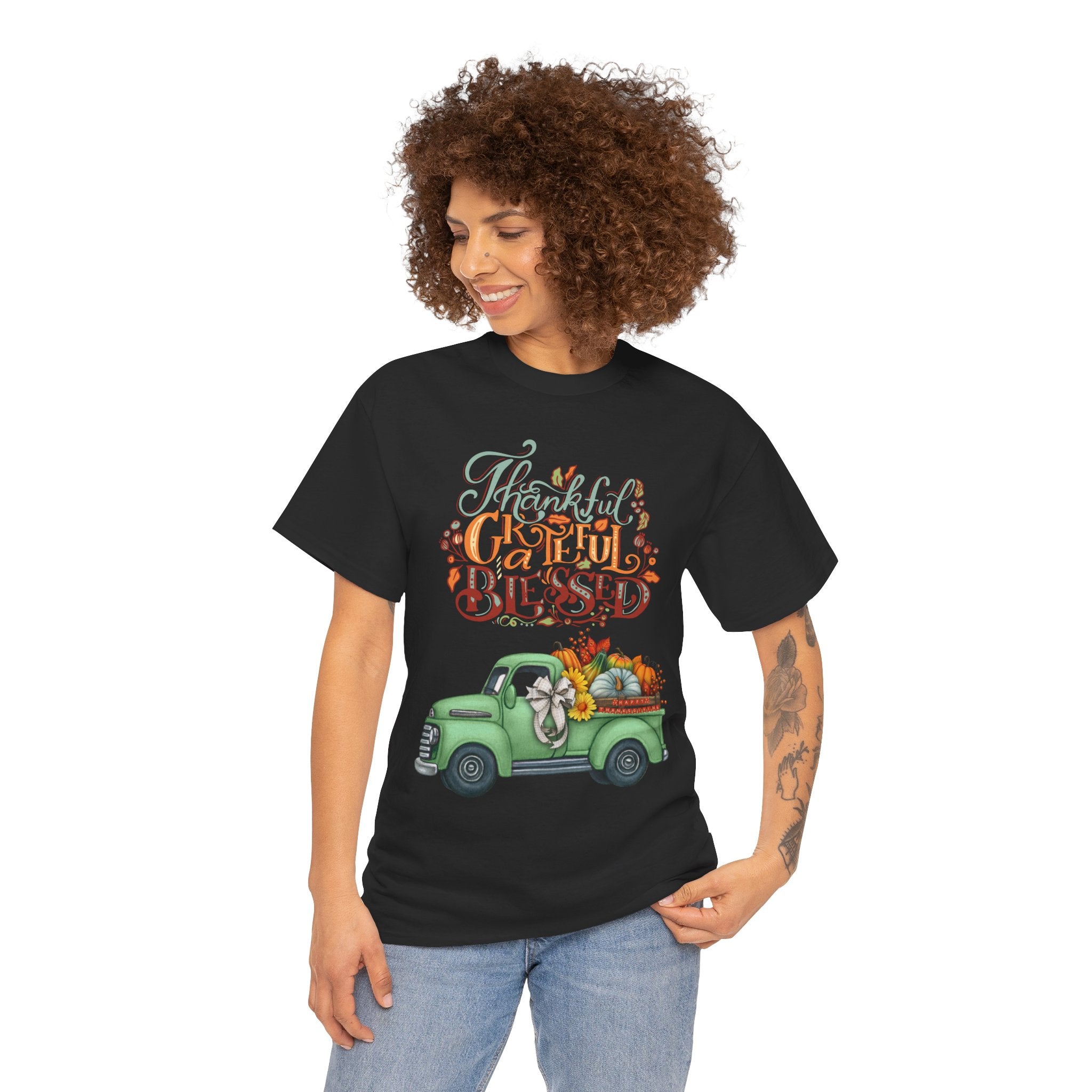 Thankful Grateful Blessed Tee, Unisex Heavy Cotton T-Shirt, Fall Apparel, Thanksgiving Shirt, Casual Wear, Gift for Friends