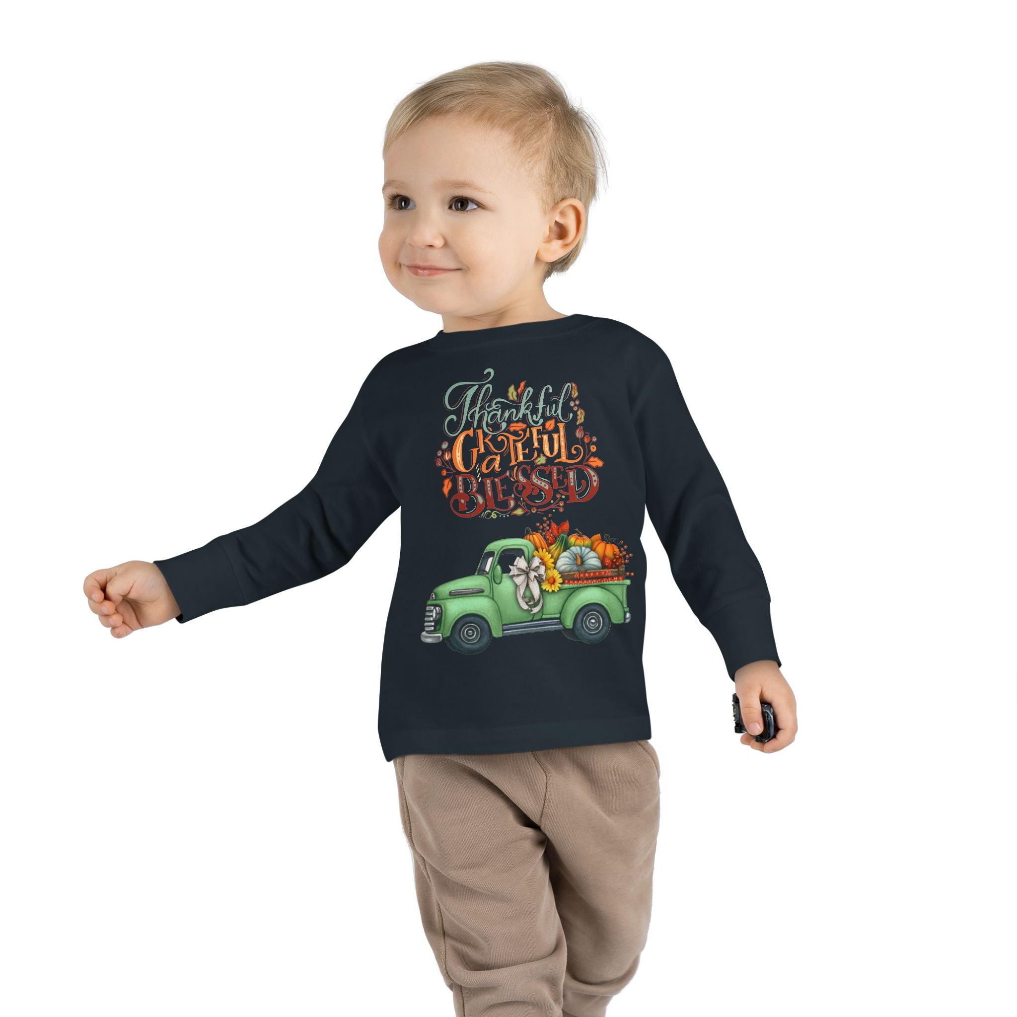 Toddler Long Sleeve Tee - "Grateful & Blessed" Fall Vibes T-Shirt, Kids Autumn Tee, Thanksgiving Outfit, Cute Toddler Gift, Seasonal Shirt