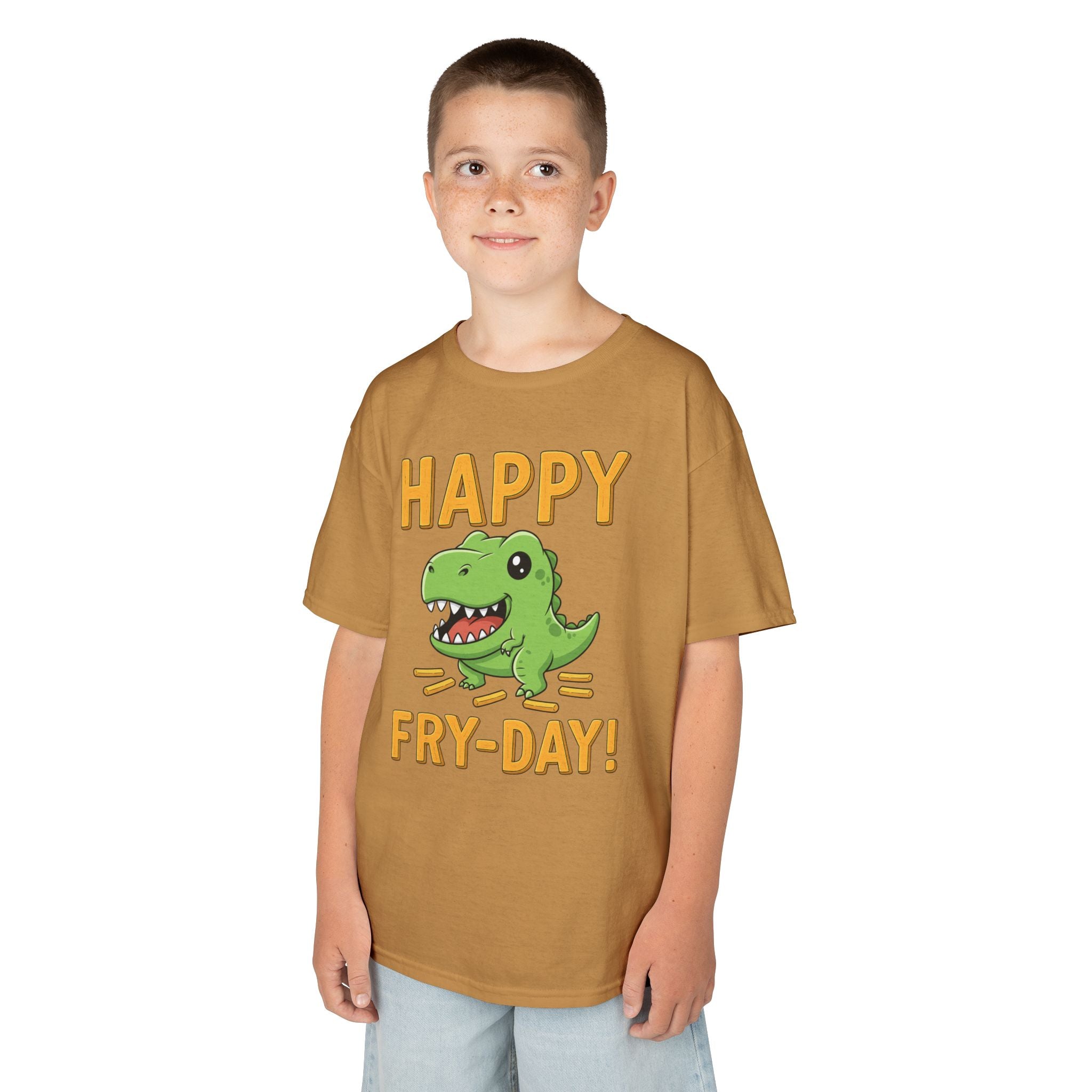 Happy Fry-Day Kids Tee, Fun Dinosaur T-Shirt, Kids Cotton Shirt, Birthday Gift, Everyday Wear, Summer Fun, Playful Tee