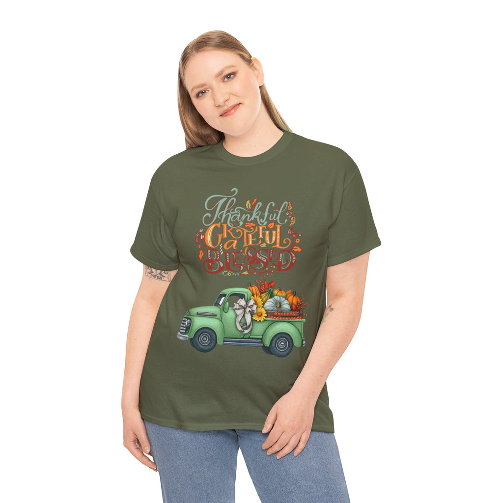 Thankful Grateful Blessed Tee, Unisex Heavy Cotton T-Shirt, Fall Apparel, Thanksgiving Shirt, Casual Wear, Gift for Friends