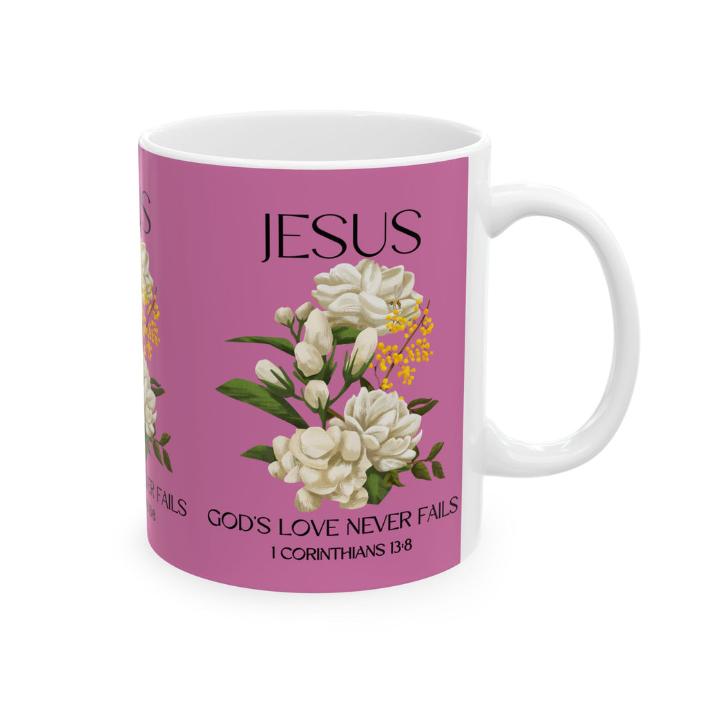 Jesus Inspirational Ceramic Mug 11 oz - God's Love Never Fails - Perfect for Every Occasion, Coffee Lovers Gift, Christian Encouragement, Floral