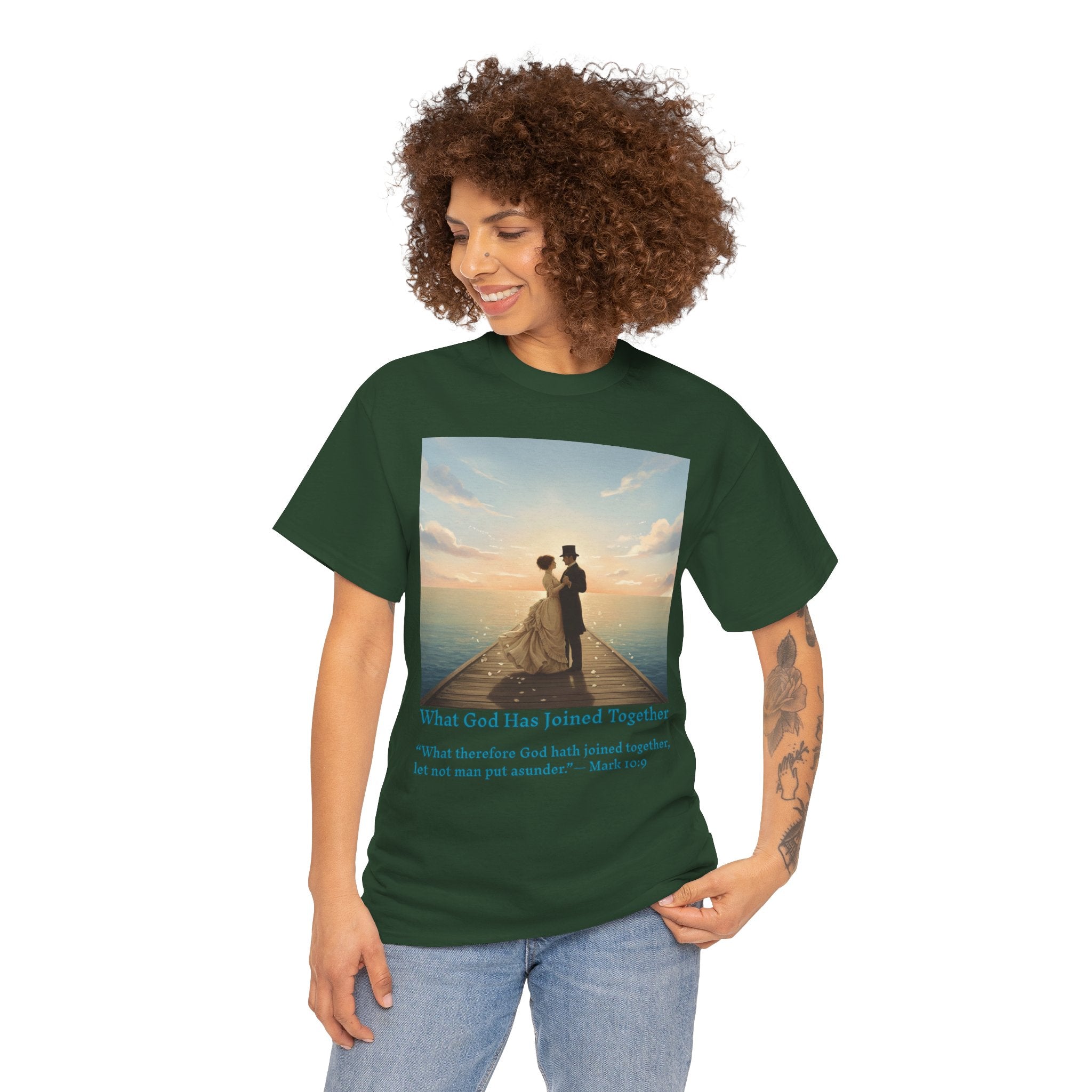 Romantic couple on a pier at sunset — inspired by Jack Vettriano-Wedding Quote T-Shirt, Unisex Heavy Cotton Tee, Casual Wear, Gift for Newlyweds, Bride & Groom Apparel, Anniversary Gift