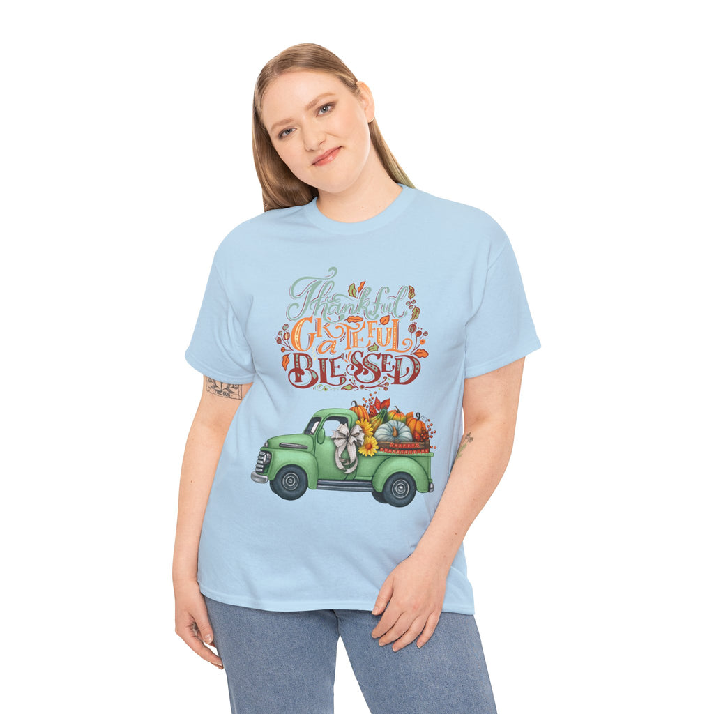 Thankful Grateful Blessed Tee, Unisex Heavy Cotton T-Shirt, Fall Apparel, Thanksgiving Shirt, Casual Wear, Gift for Friends