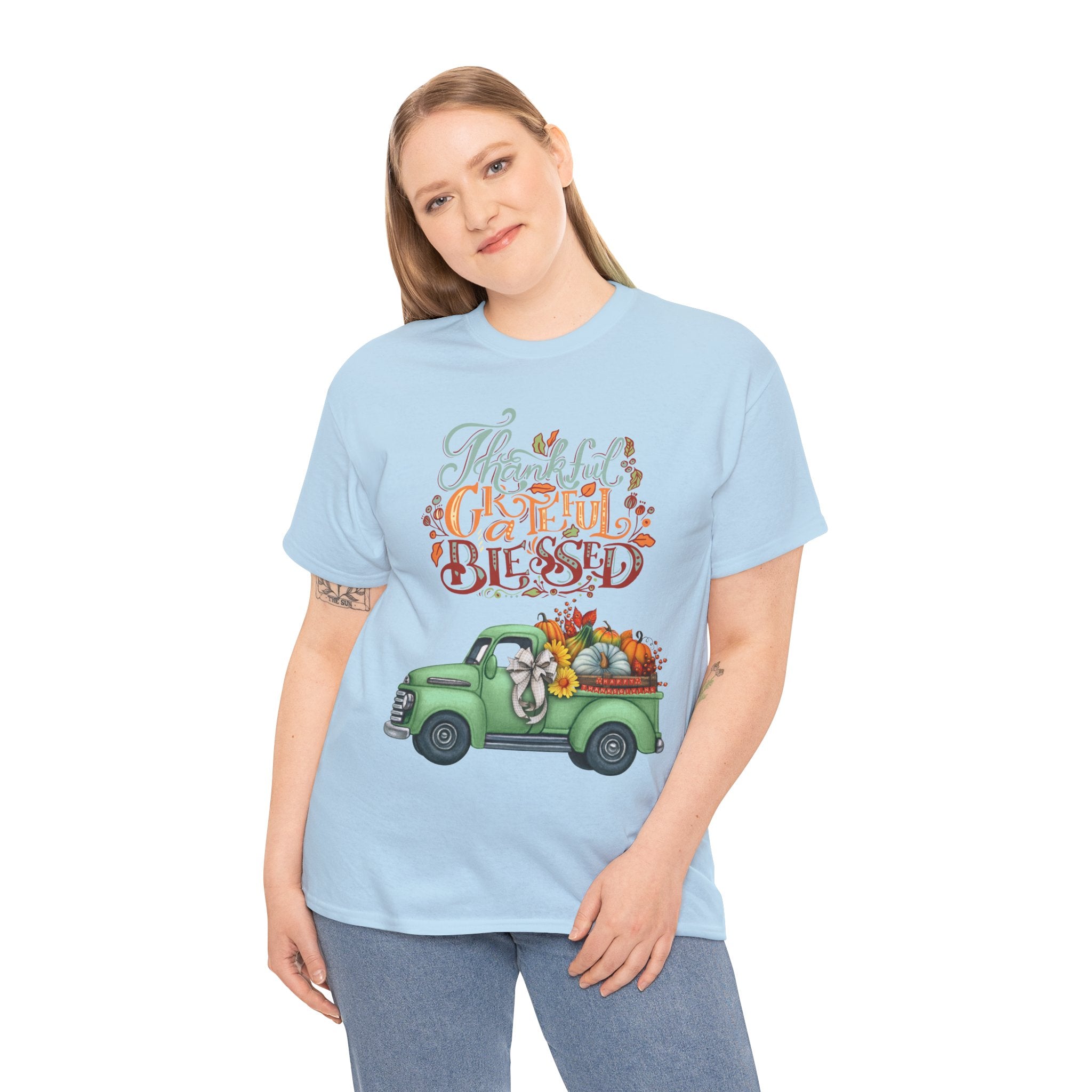 Thankful Grateful Blessed Tee, Unisex Heavy Cotton T-Shirt, Fall Apparel, Thanksgiving Shirt, Casual Wear, Gift for Friends