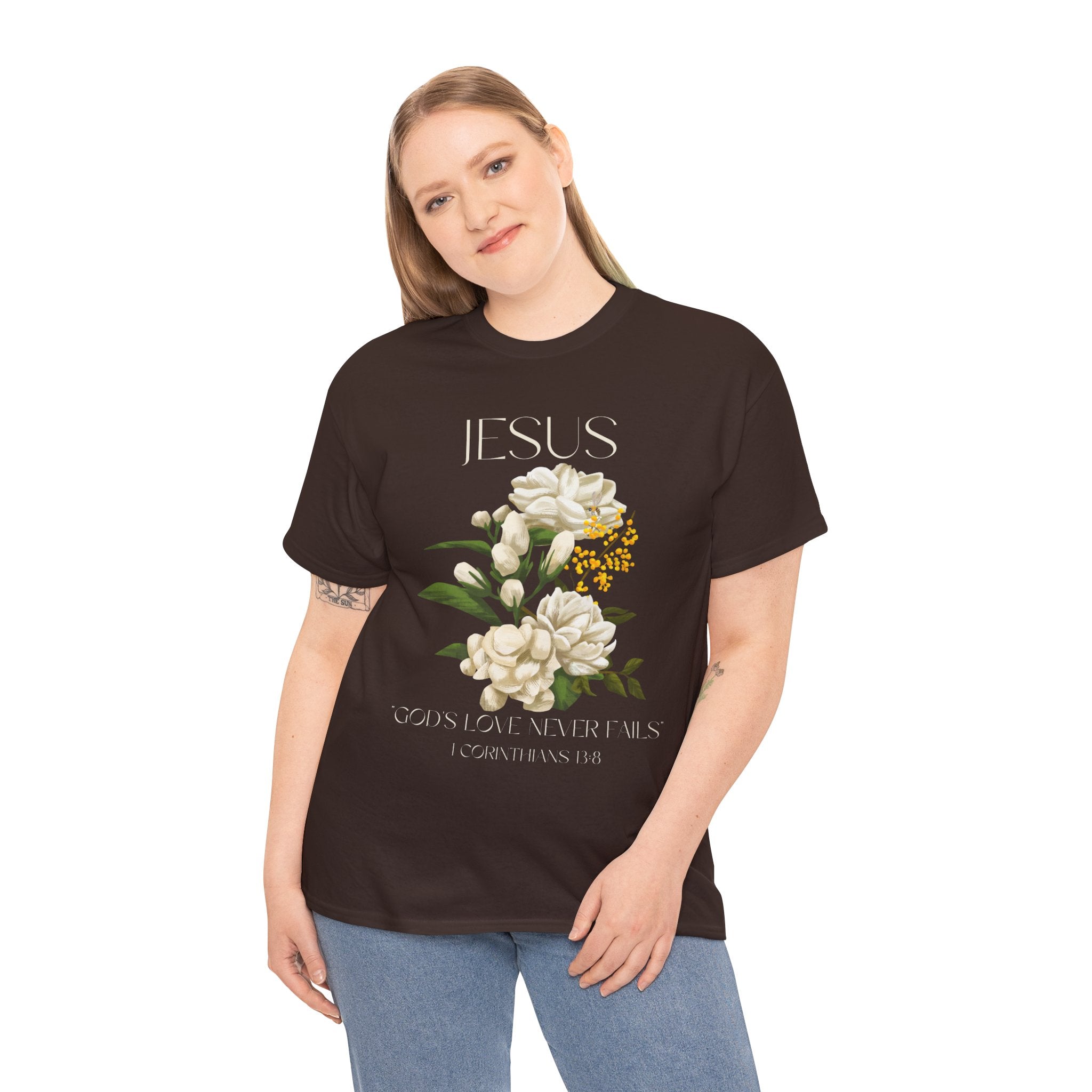 Floral Jesus-God's love never fails- Graphic Tee | Unisex Cotton T-Shirt for Faith & Inspiration, Ideal for Gifts, Casual Wear, Church Events, and Celebrations
