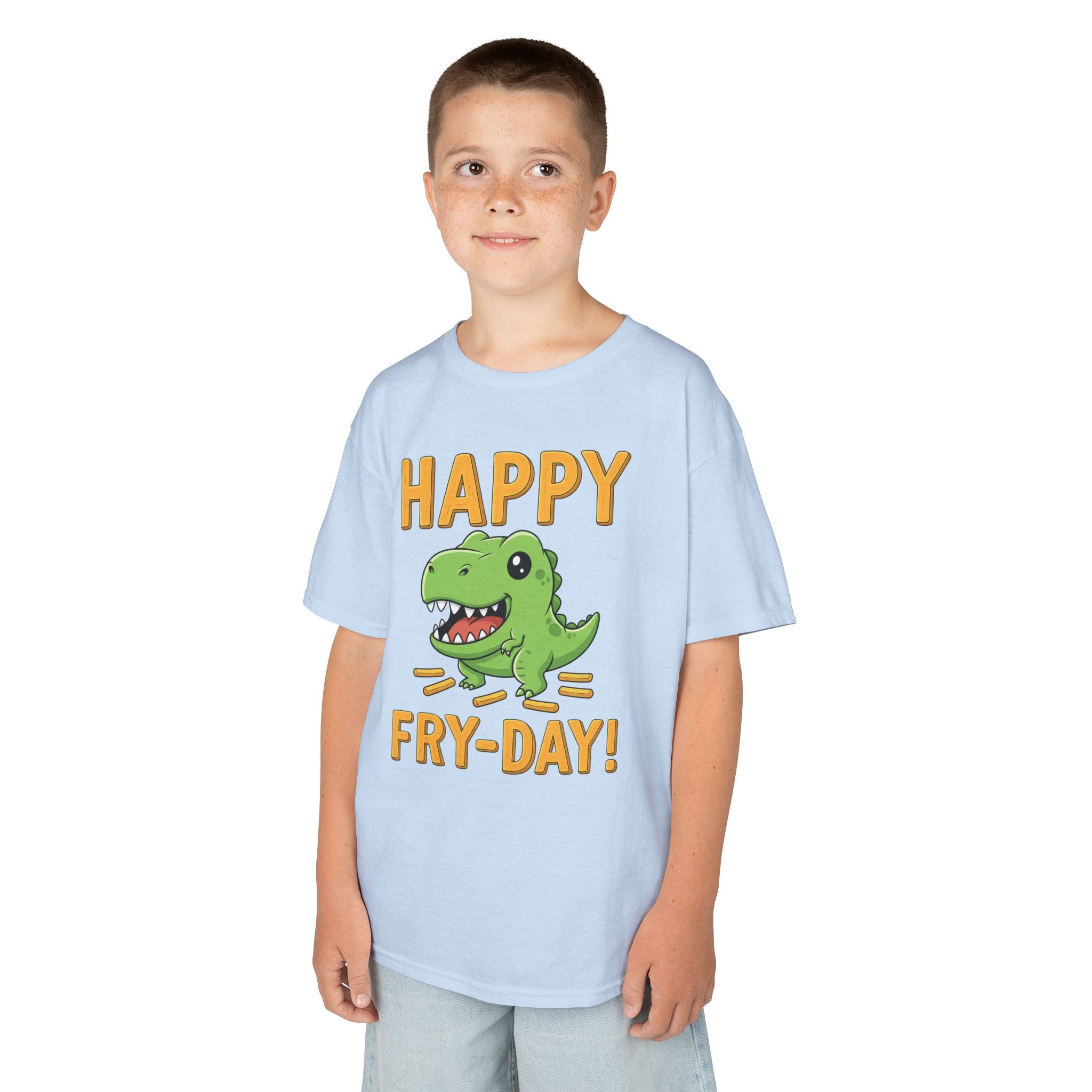 Happy Fry-Day Kids Tee, Fun Dinosaur T-Shirt, Kids Cotton Shirt, Birthday Gift, Everyday Wear, Summer Fun, Playful Tee