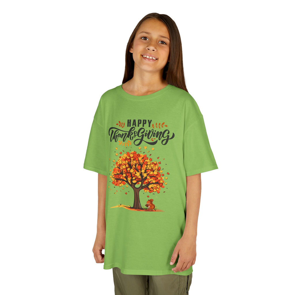 Happy Thanksgiving Kids Tee, Fall T-Shirt, Autumn Apparel, Festive Gift, Holiday Outfit, Tree and Leaves Design