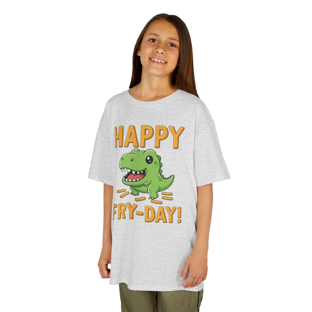Happy Fry-Day Kids Tee, Fun Dinosaur T-Shirt, Kids Cotton Shirt, Birthday Gift, Everyday Wear, Summer Fun, Playful Tee