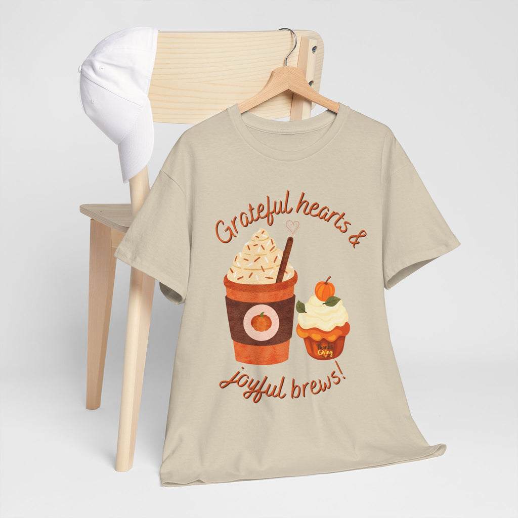 Happy Thanksgiving- Grateful Hearts & Joyful Brews Tee, Unisex Cotton Shirt, Coffee Lovers Gift, Casual Wear, Cute Tee for Celebrations, Fall Fashion
