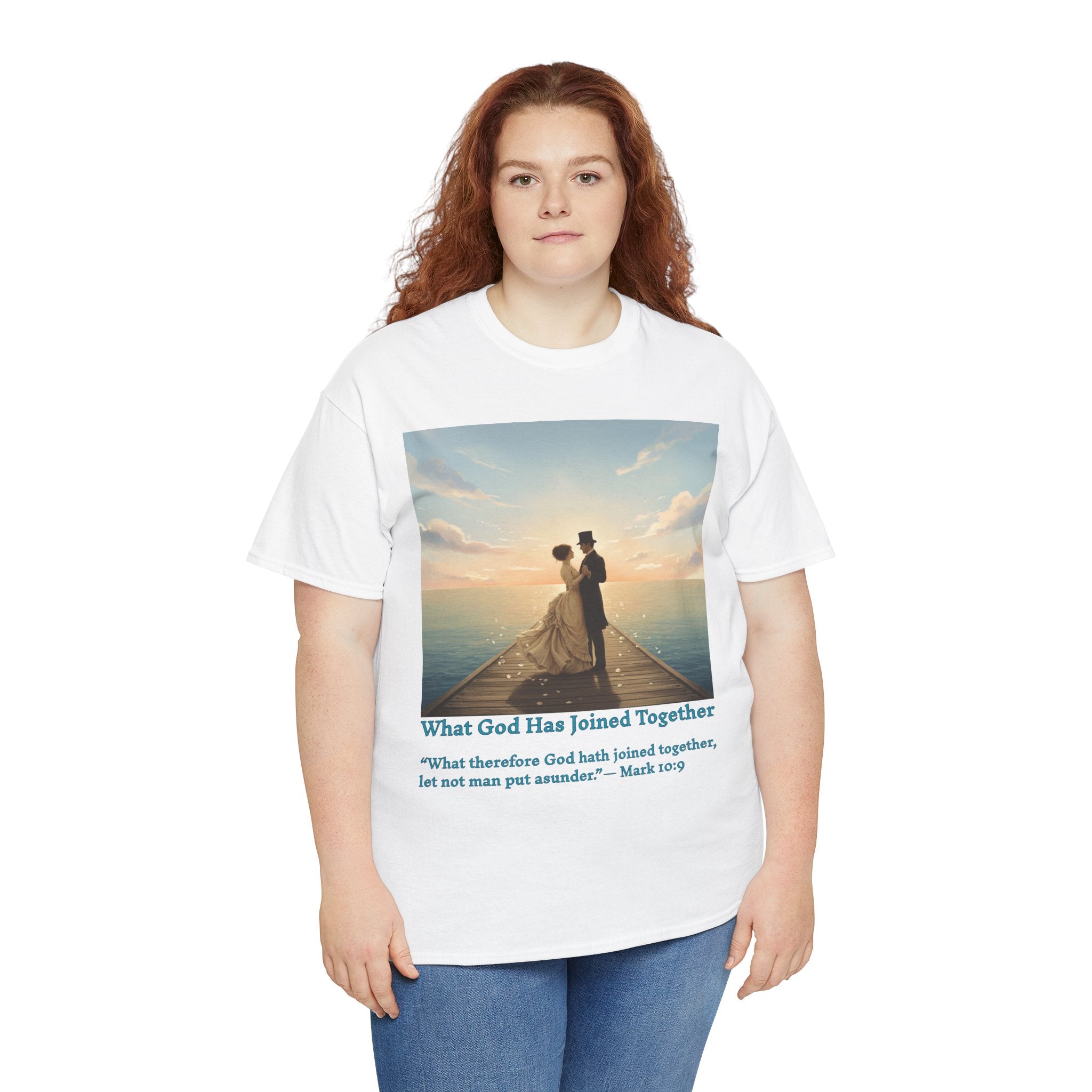 Romantic couple on a pier at sunset — inspired by Jack Vettriano-Wedding Quote T-Shirt, Unisex Heavy Cotton Tee, Casual Wear, Gift for Newlyweds, Bride & Groom Apparel, Anniversary Gift