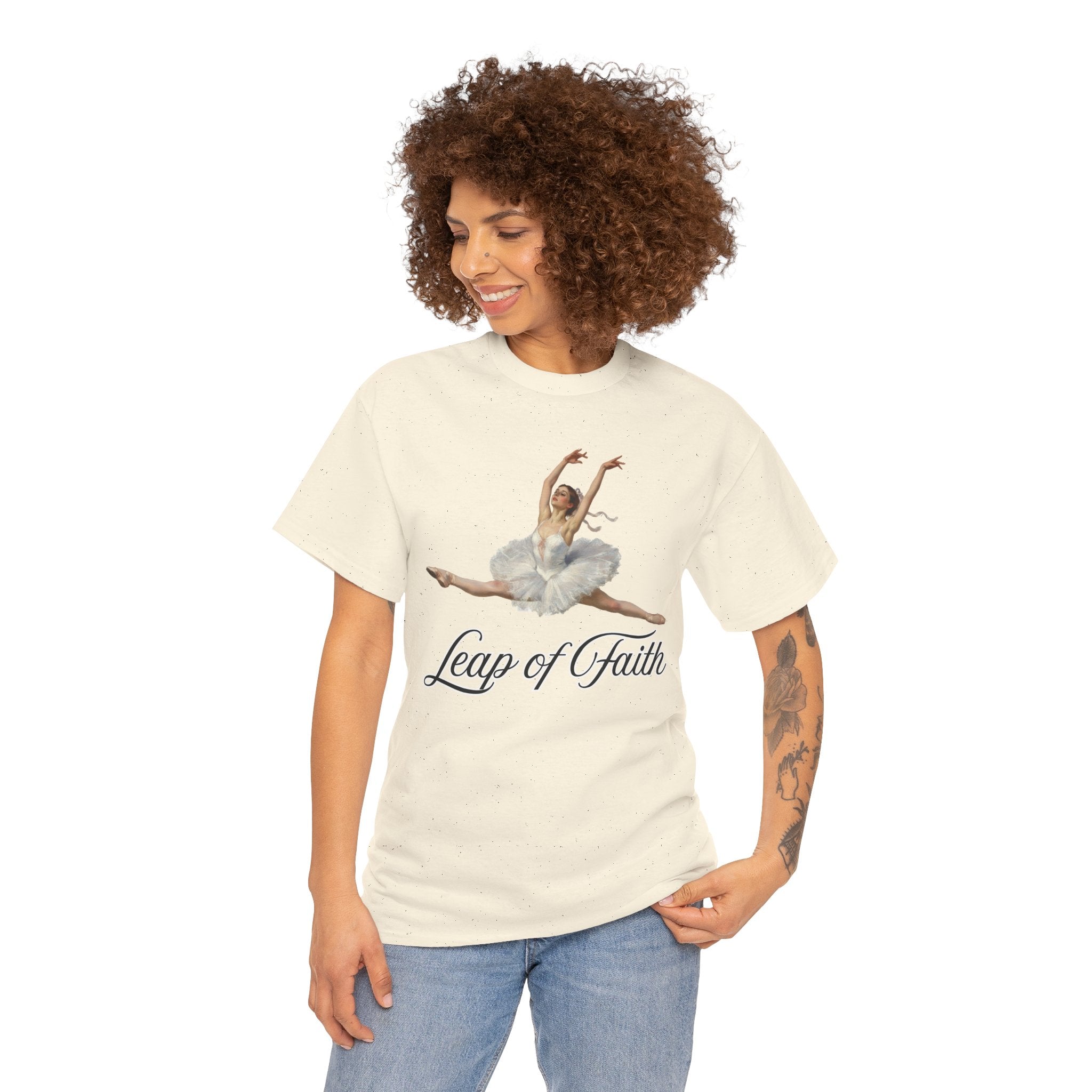 Ballet Inspired Tee - Leap of Faith, Dance Gift, Unisex Cotton Shirt, Inspirational Apparel, Performance Wear, Gift for Dancers-Ballerina in a split leap, inspired by the impressionistic ballet studies of Edgar Degas.