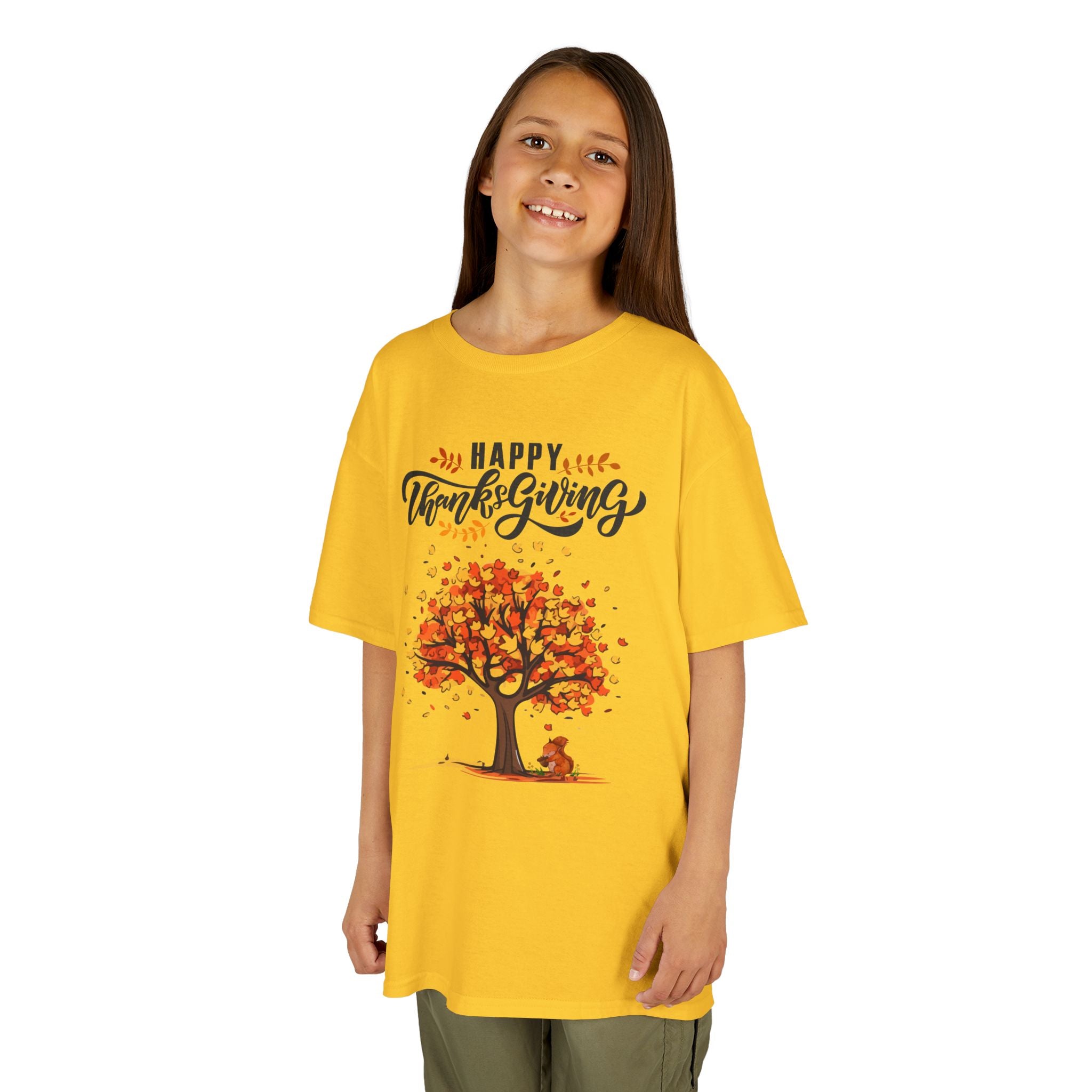 Happy Thanksgiving Kids Tee, Fall T-Shirt, Autumn Apparel, Festive Gift, Holiday Outfit, Tree and Leaves Design