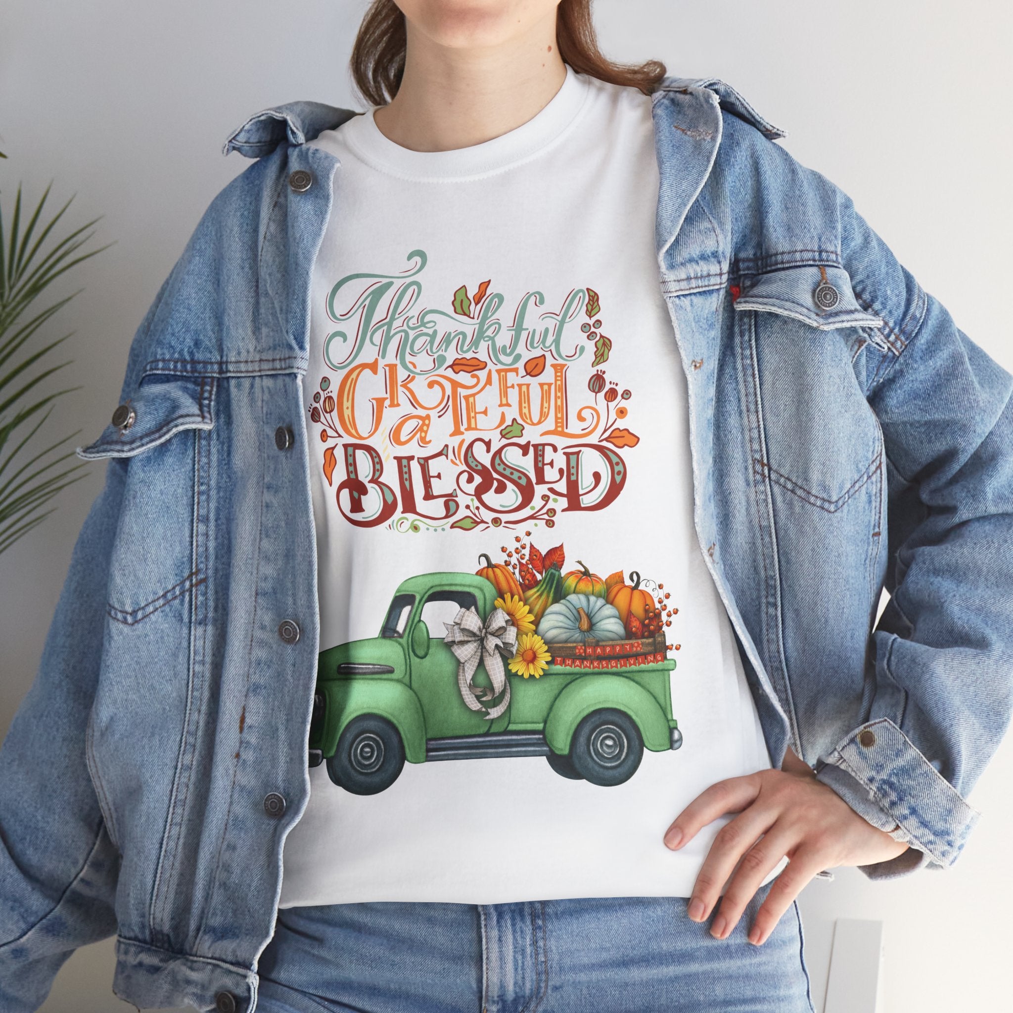 Thankful Grateful Blessed Tee, Unisex Heavy Cotton T-Shirt, Fall Apparel, Thanksgiving Shirt, Casual Wear, Gift for Friends
