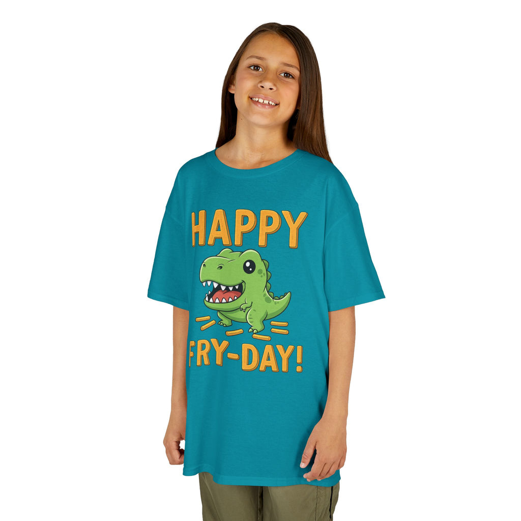 Happy Fry-Day Kids Tee, Fun Dinosaur T-Shirt, Kids Cotton Shirt, Birthday Gift, Everyday Wear, Summer Fun, Playful Tee