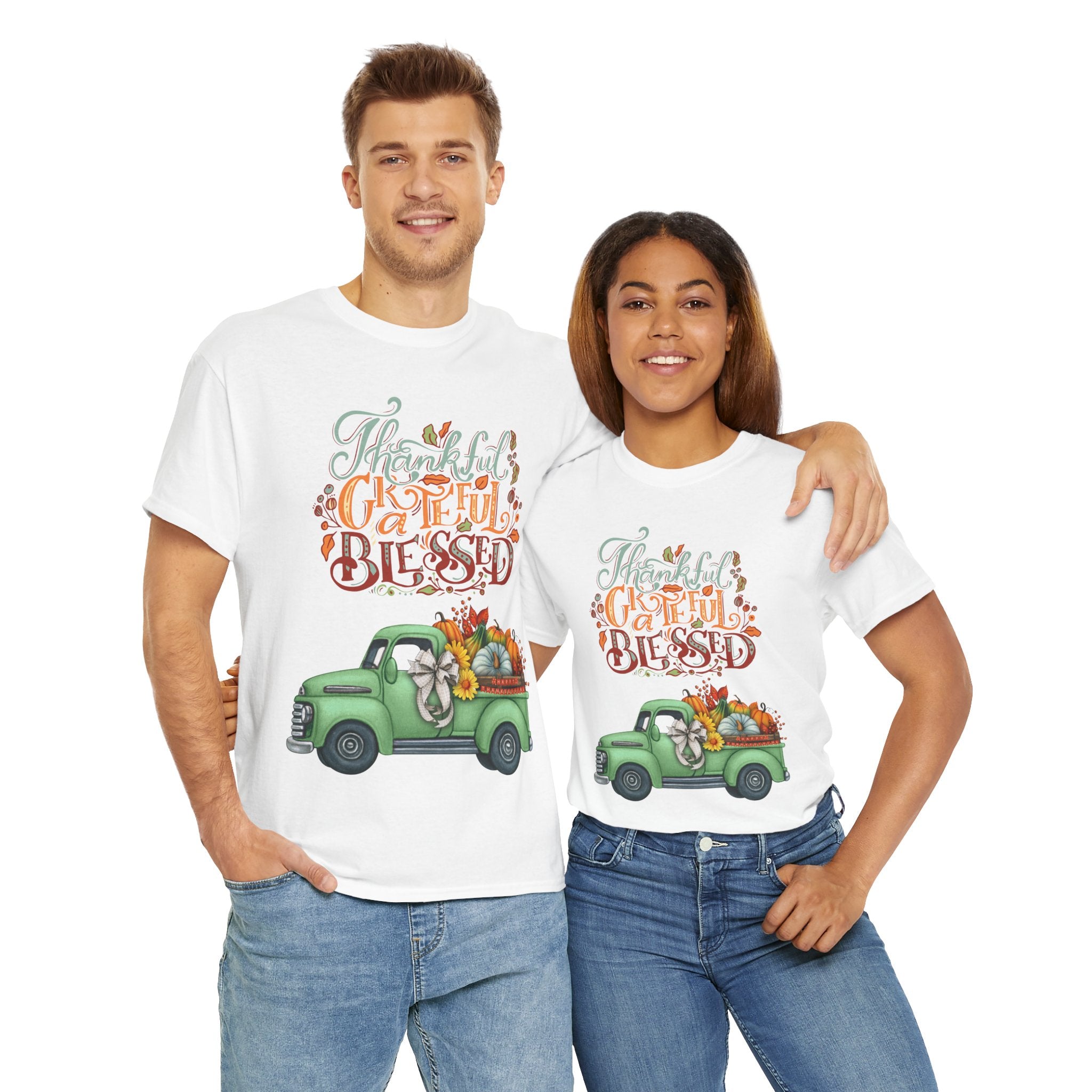 Thankful Grateful Blessed Tee, Unisex Heavy Cotton T-Shirt, Fall Apparel, Thanksgiving Shirt, Casual Wear, Gift for Friends