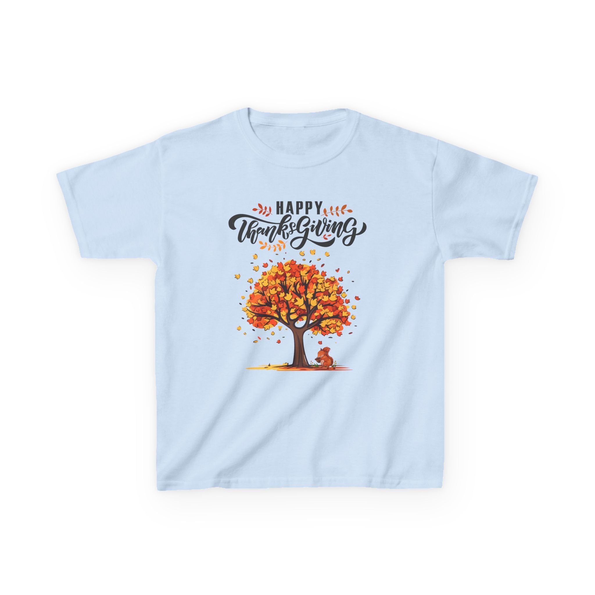 Happy Thanksgiving Kids Tee, Fall T-Shirt, Autumn Apparel, Festive Gift, Holiday Outfit, Tree and Leaves Design