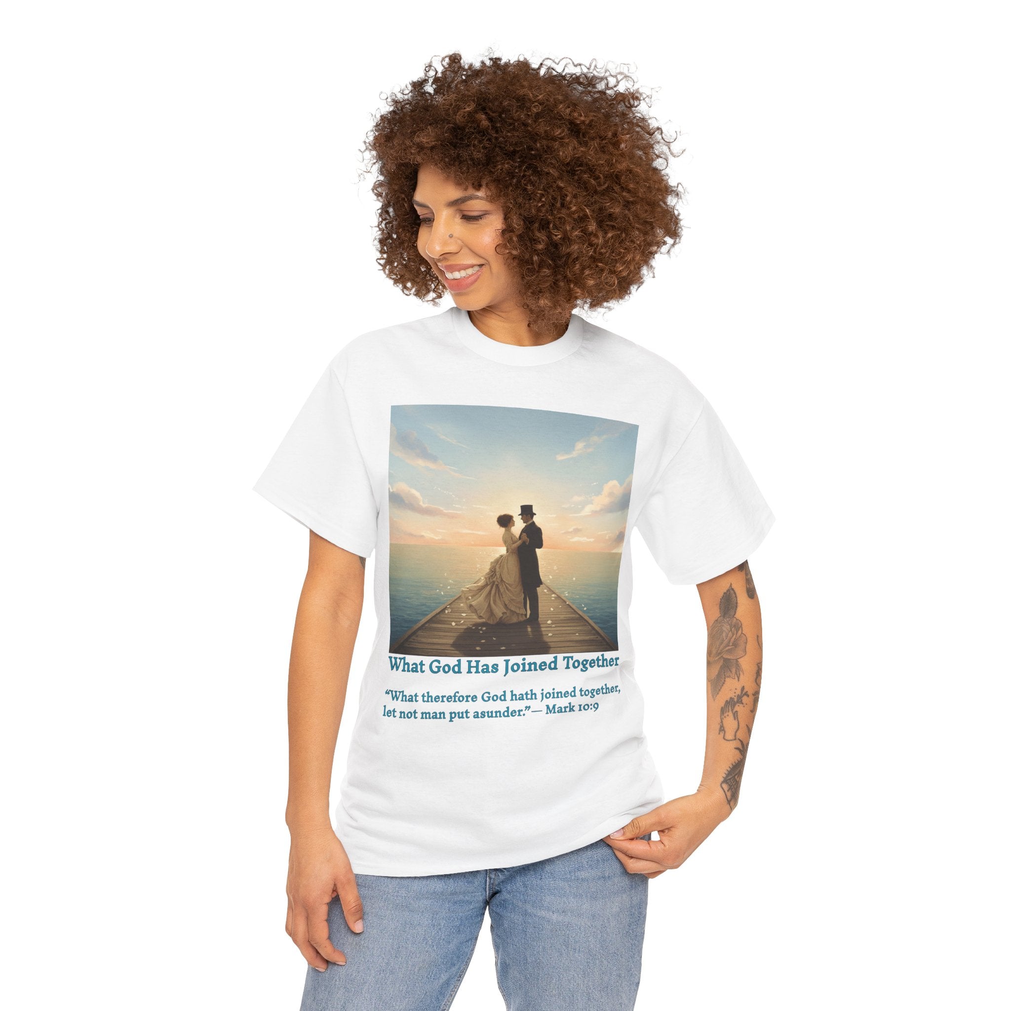 Romantic couple on a pier at sunset — inspired by Jack Vettriano-Wedding Quote T-Shirt, Unisex Heavy Cotton Tee, Casual Wear, Gift for Newlyweds, Bride & Groom Apparel, Anniversary Gift