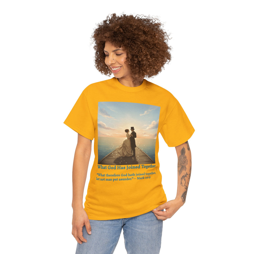 Romantic couple on a pier at sunset — inspired by Jack Vettriano-Wedding Quote T-Shirt, Unisex Heavy Cotton Tee, Casual Wear, Gift for Newlyweds, Bride & Groom Apparel, Anniversary Gift