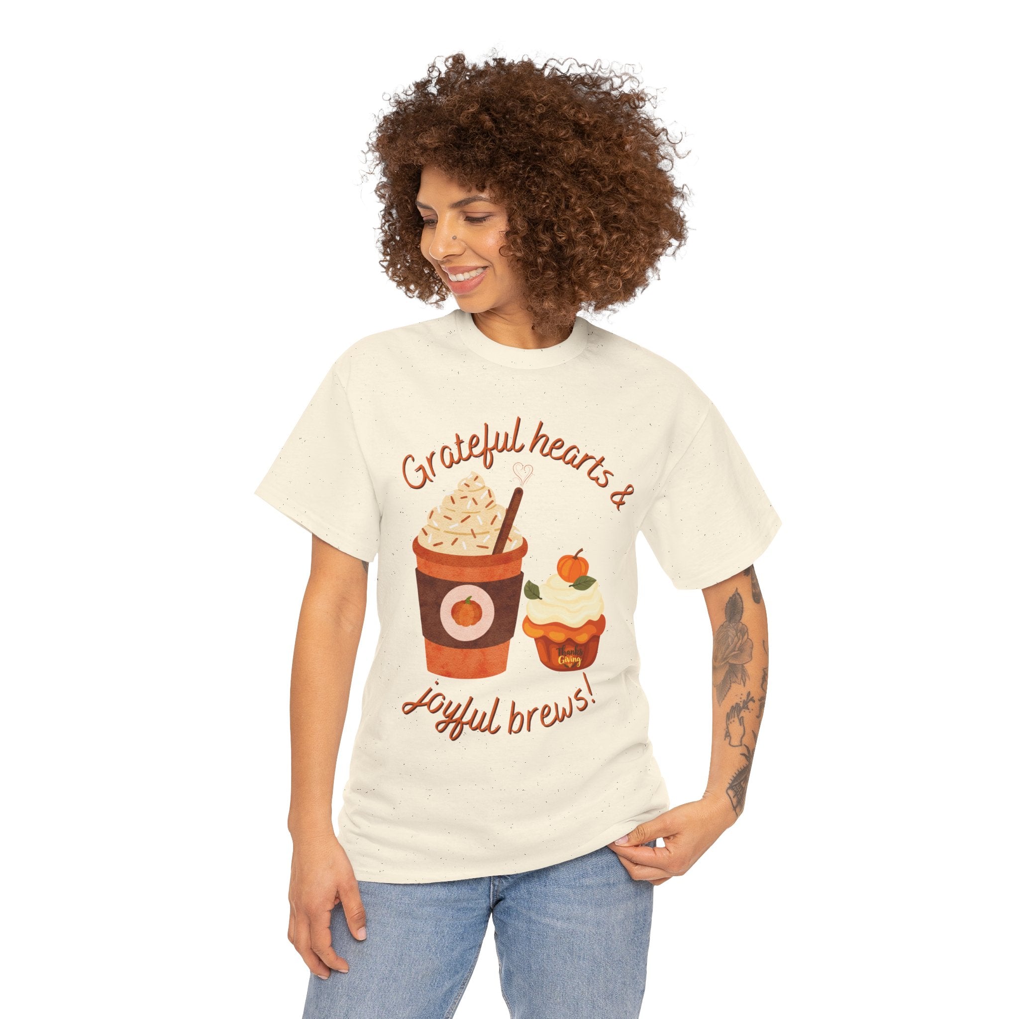 Happy Thanksgiving- Grateful Hearts & Joyful Brews Tee, Unisex Cotton Shirt, Coffee Lovers Gift, Casual Wear, Cute Tee for Celebrations, Fall Fashion
