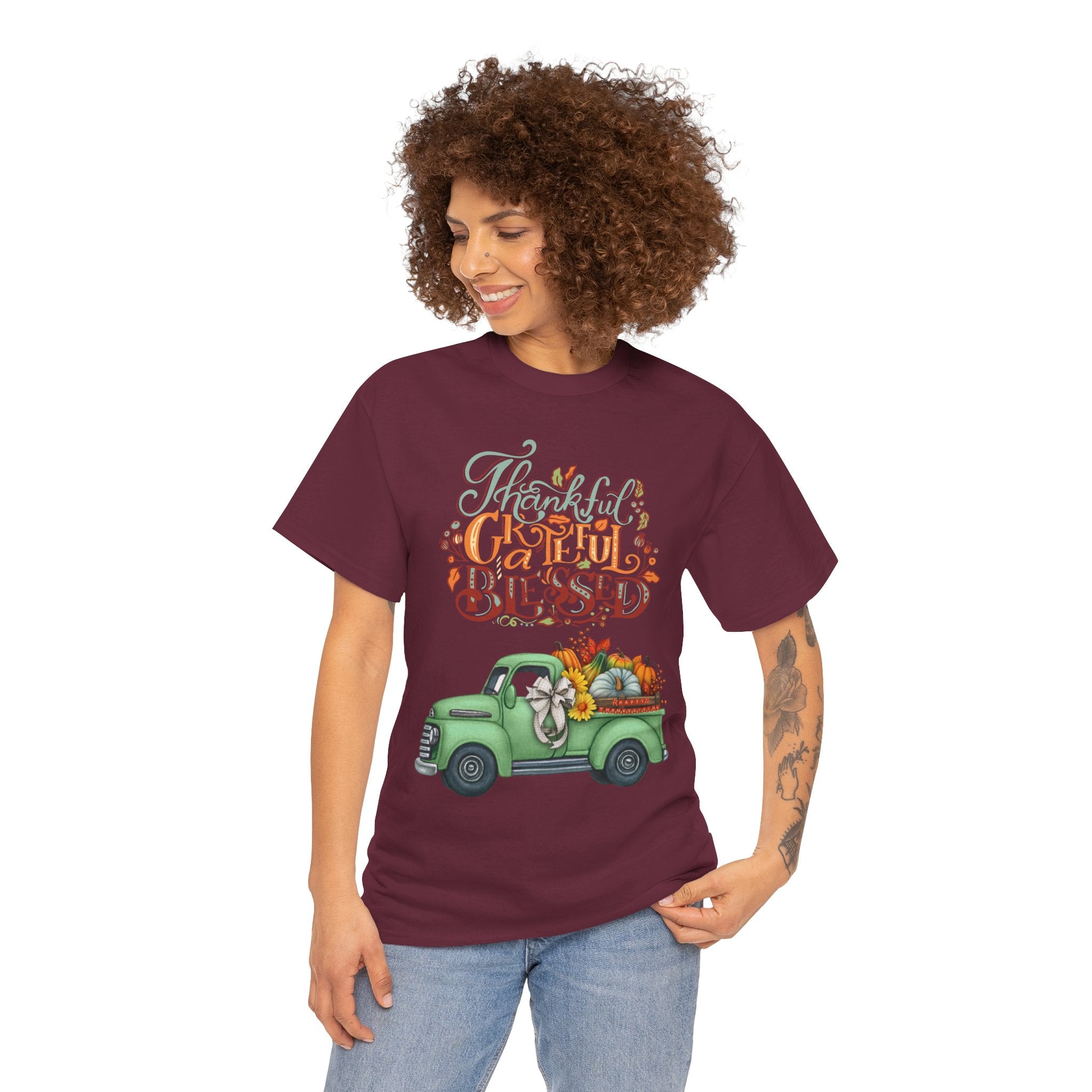 Thankful Grateful Blessed Tee, Unisex Heavy Cotton T-Shirt, Fall Apparel, Thanksgiving Shirt, Casual Wear, Gift for Friends
