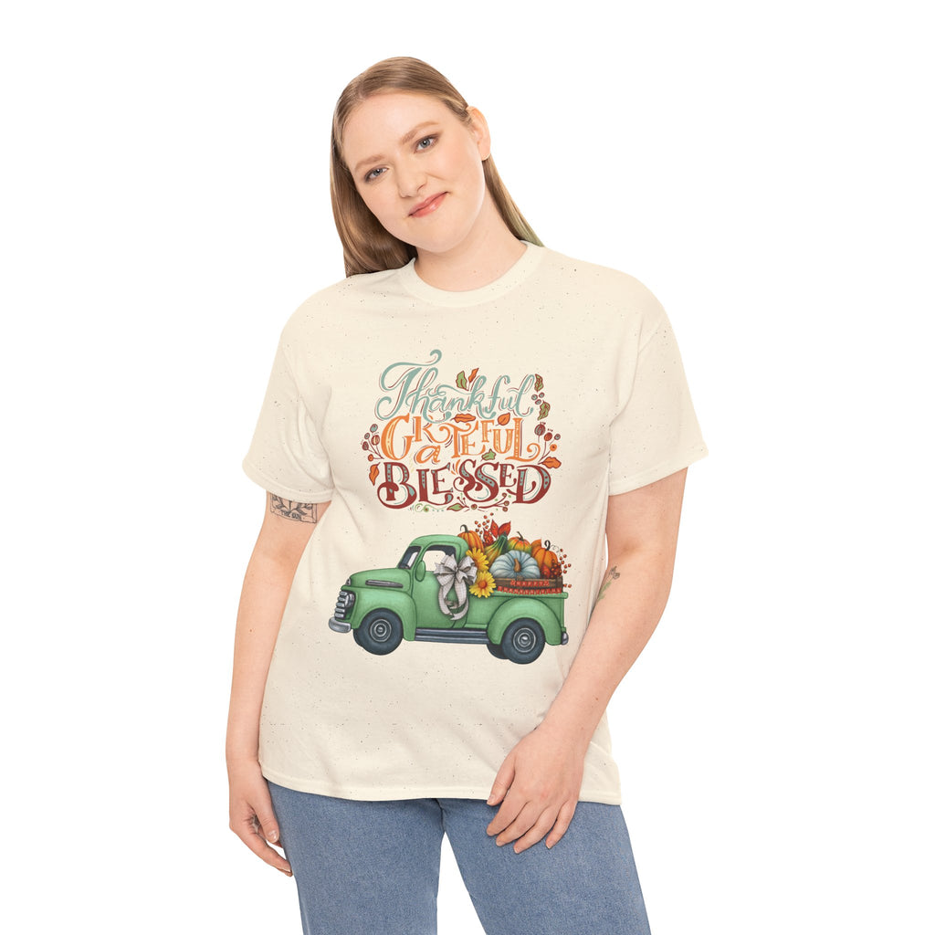 Thankful Grateful Blessed Tee, Unisex Heavy Cotton T-Shirt, Fall Apparel, Thanksgiving Shirt, Casual Wear, Gift for Friends