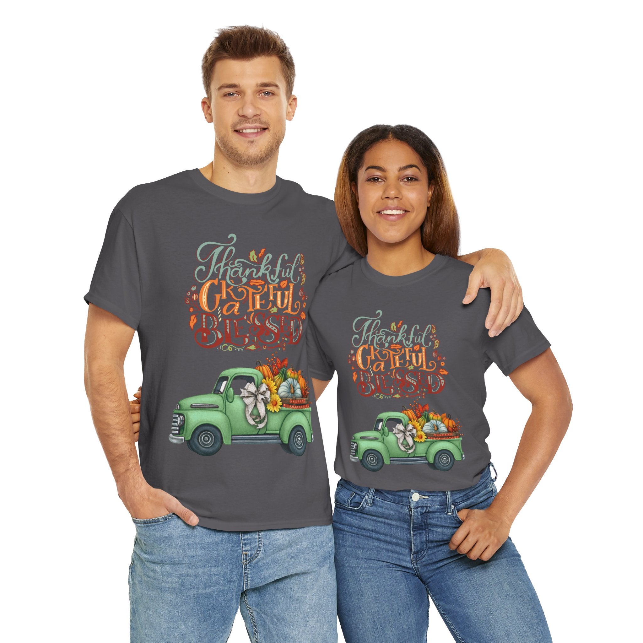 Thankful Grateful Blessed Tee, Unisex Heavy Cotton T-Shirt, Fall Apparel, Thanksgiving Shirt, Casual Wear, Gift for Friends