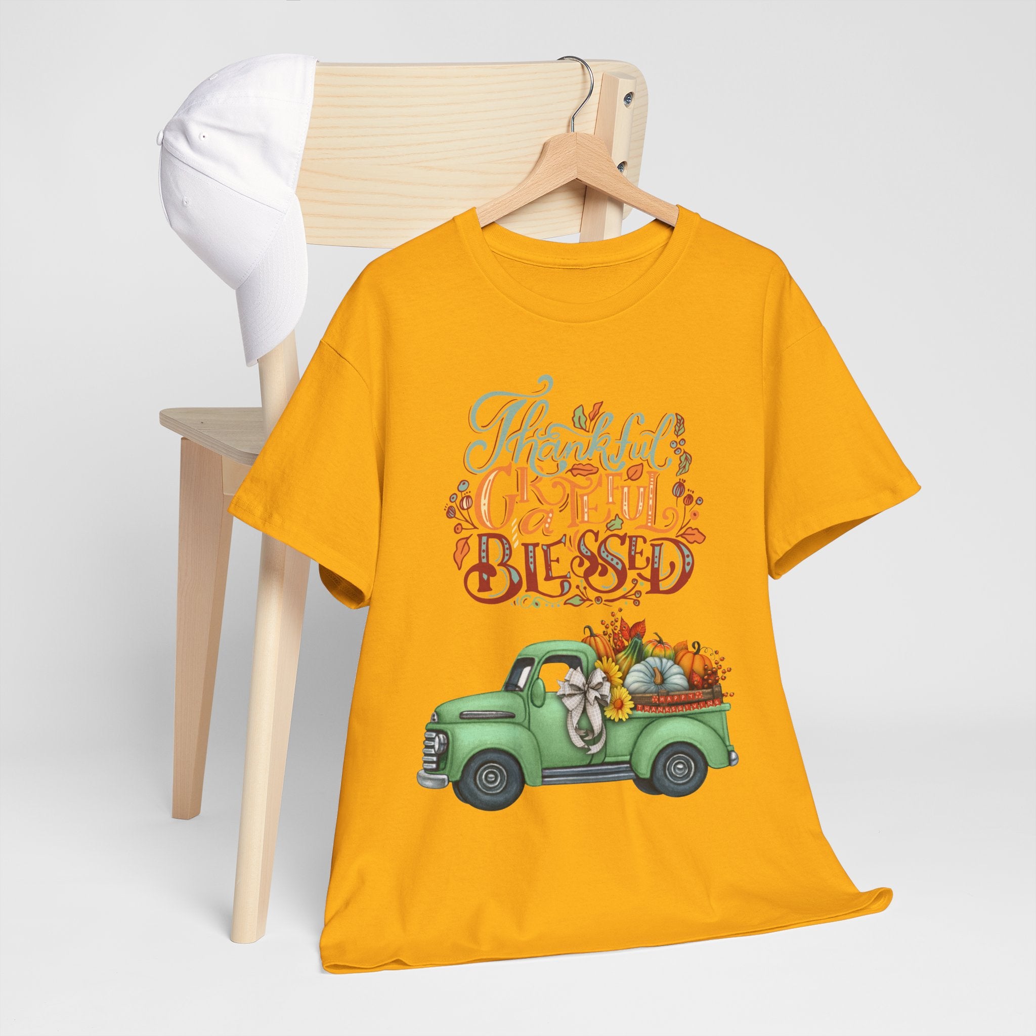 Thankful Grateful Blessed Tee, Unisex Heavy Cotton T-Shirt, Fall Apparel, Thanksgiving Shirt, Casual Wear, Gift for Friends
