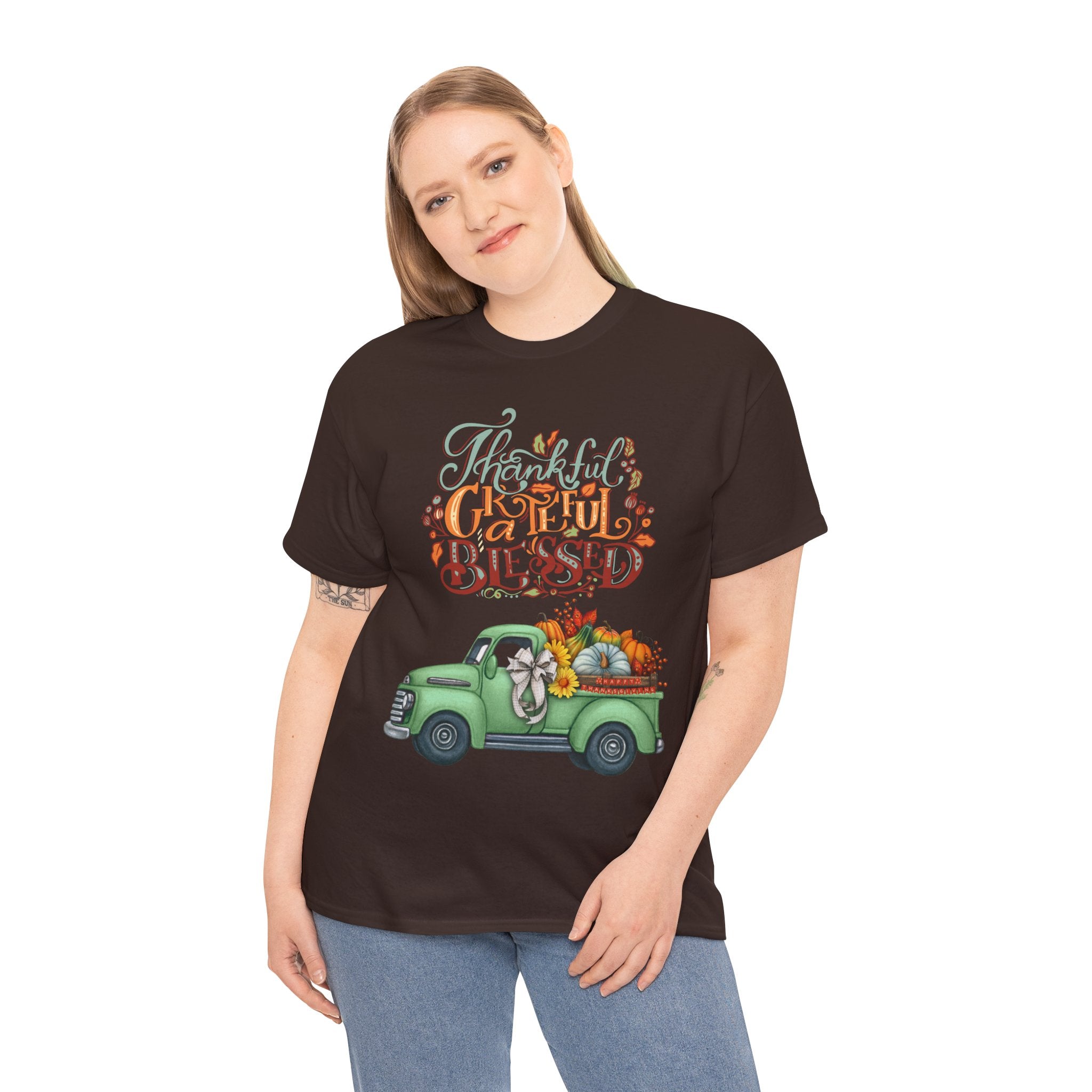 Thankful Grateful Blessed Tee, Unisex Heavy Cotton T-Shirt, Fall Apparel, Thanksgiving Shirt, Casual Wear, Gift for Friends