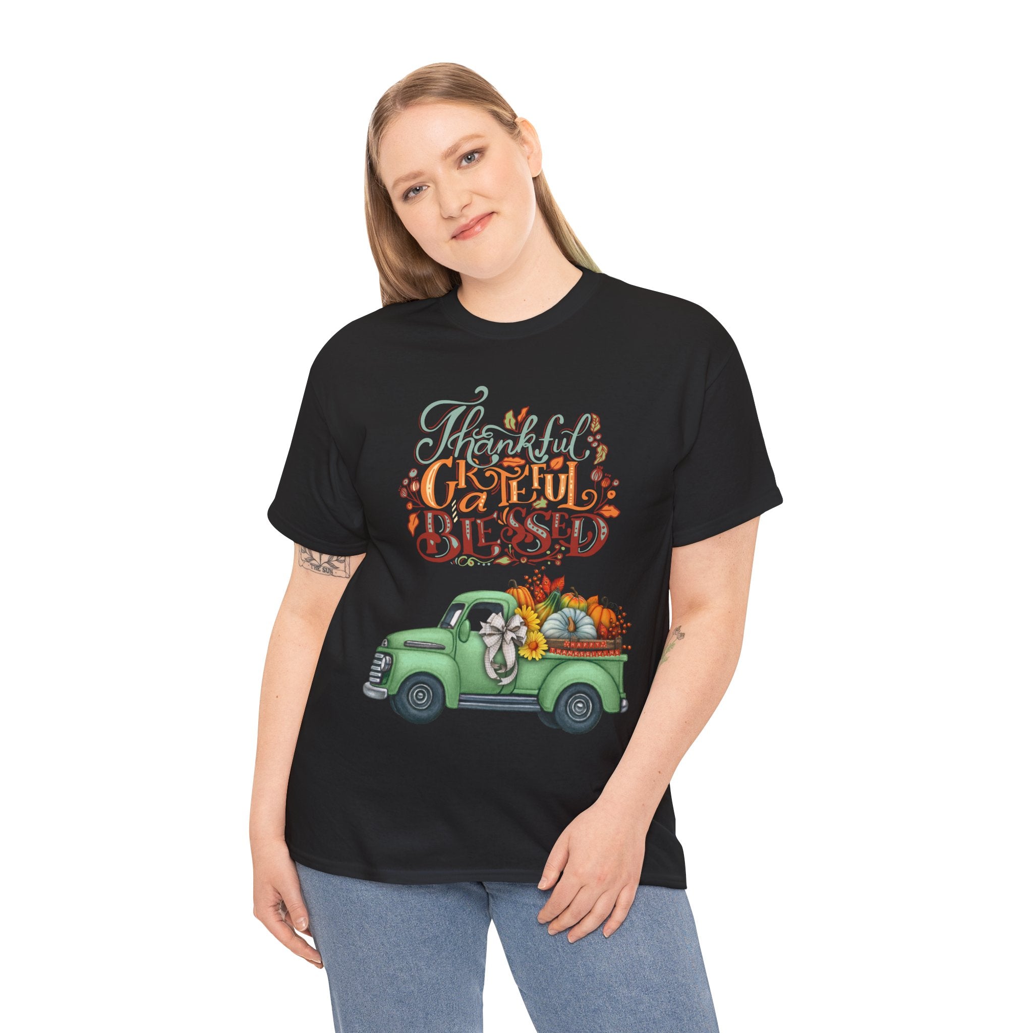 Thankful Grateful Blessed Tee, Unisex Heavy Cotton T-Shirt, Fall Apparel, Thanksgiving Shirt, Casual Wear, Gift for Friends